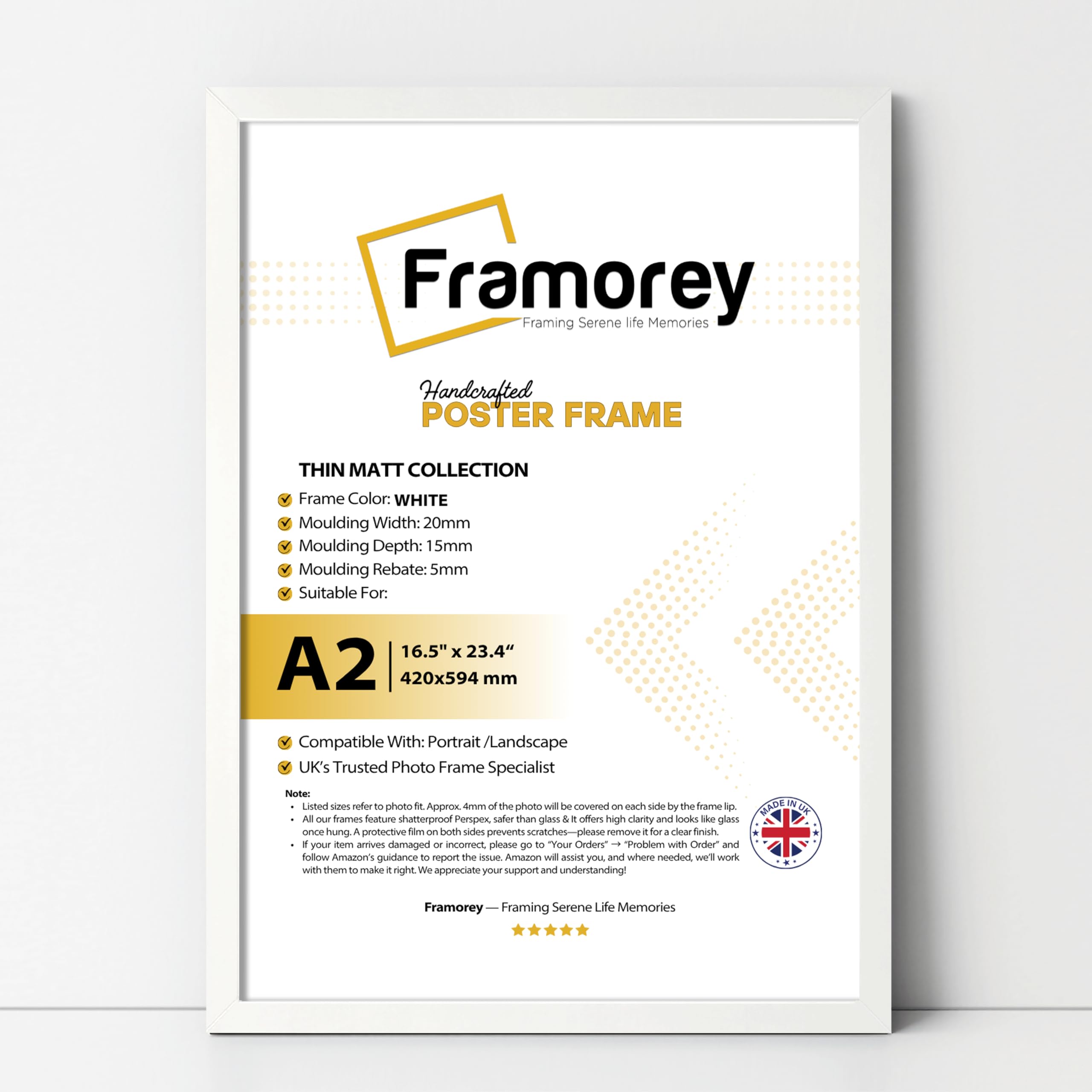 Framorey Framing Serene Life Memories White Framorey A2 Picture Frame - A2(42X59.4cm) Poster Frame, Engineered Wood And Plexiglass, Ideal For Posters, Certificates & Artwork - Wall Mount, Thin Poster Frame For A2 / 59.4 X 42Cm
