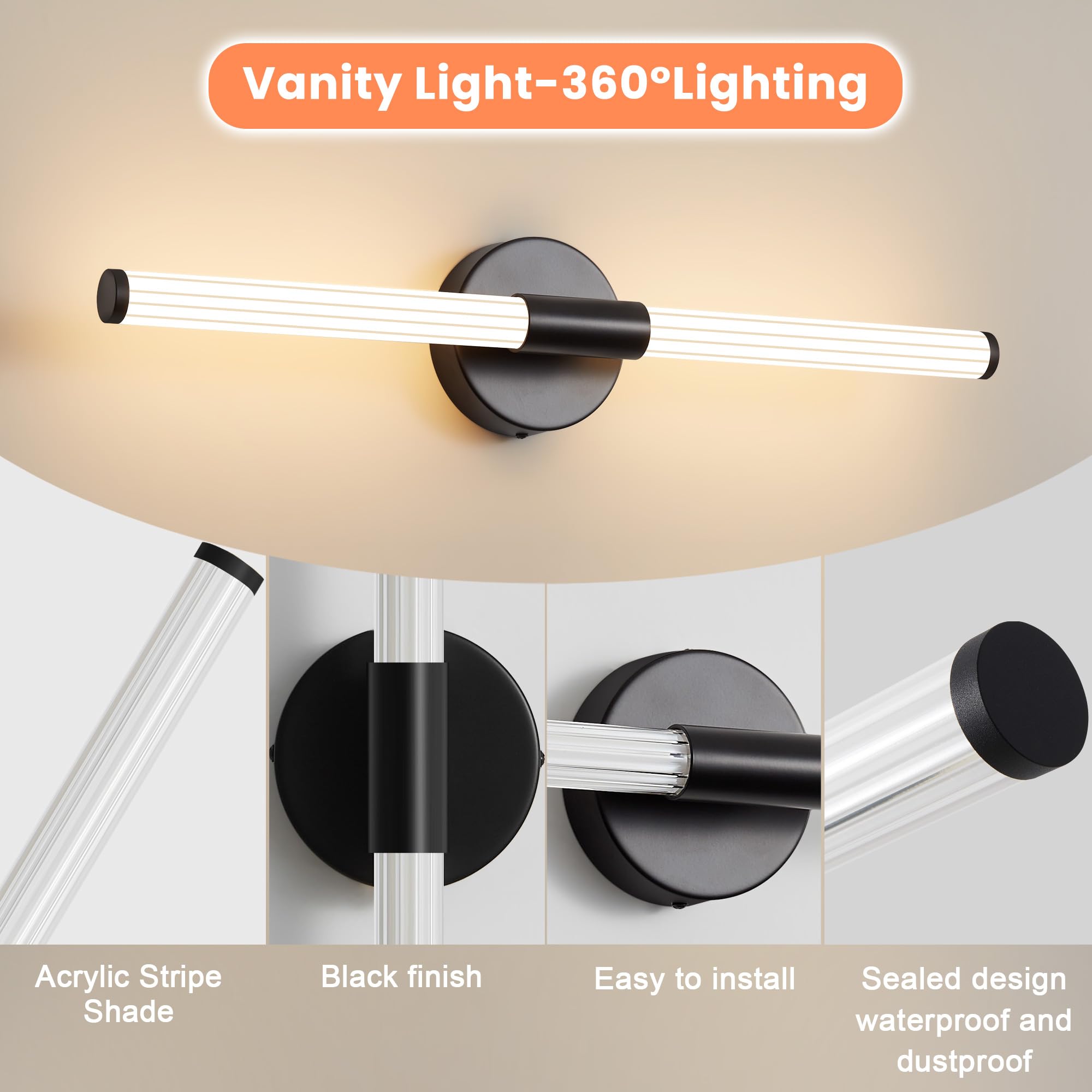 Actask Wall Lights Black LED Wall Sconce Light 360° Full Lighting 57CM 3CCT 8W 800Lumen Wall Lamp for Bathroom Bedroom Living Room Dining Room - Image 4