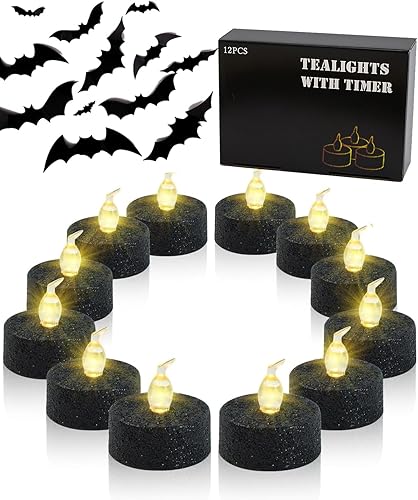 Velas de té negras con temporizador, velas brillantes con purpurina, funcionan con pilas para vacaciones, eventos, decoraciones de Halloween,
