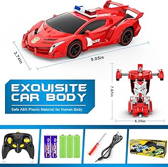 FDJ Transform Remote Control Car Robot, One Button Deformation to Robot with Flashing Light, 2.4Ghz 1:18 Scale Transforming Police Car Kids Toys with 360 Degree Rotating Drifting, Toys for Boys Girls