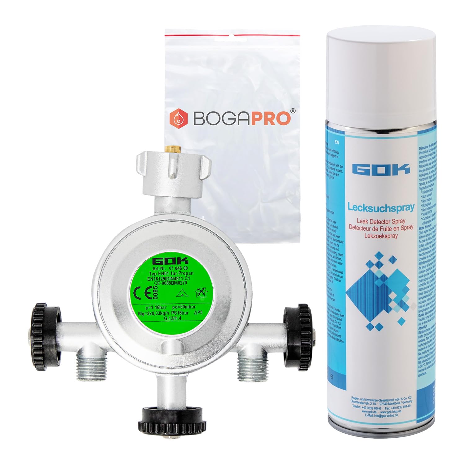 Gasdruckregler mit Manometer, Niederdruckregler 50 mbar 1 kg/h, Caravanregler mit 1/4" Linksgewinde, inkl. Lecksuchspray und Polybeutel