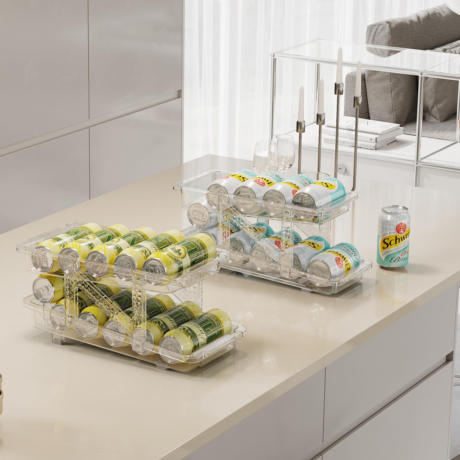 Voency Rollen Kühlschrank Organizer Dosenspender Dosenhalter, 2 Tier Getränkedosen Bier Soda Dosen Aufbewahrungbox für Kühlschrank Küche Pantry Kabinett