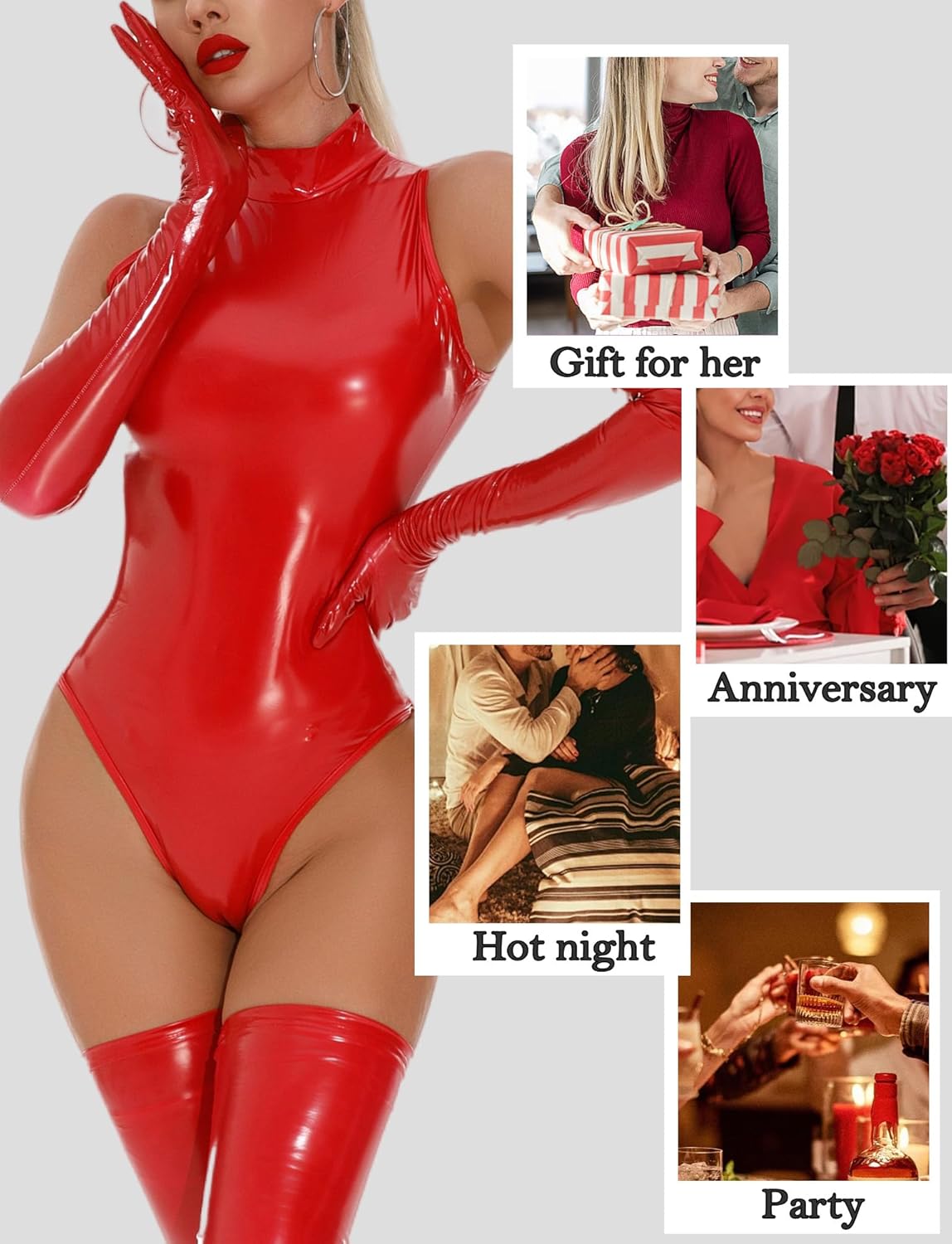 Women's Wetlook Shiny Leotard PVC Leather Sleeveless Bodysuit High Cut Thong Catsuit - Image 5