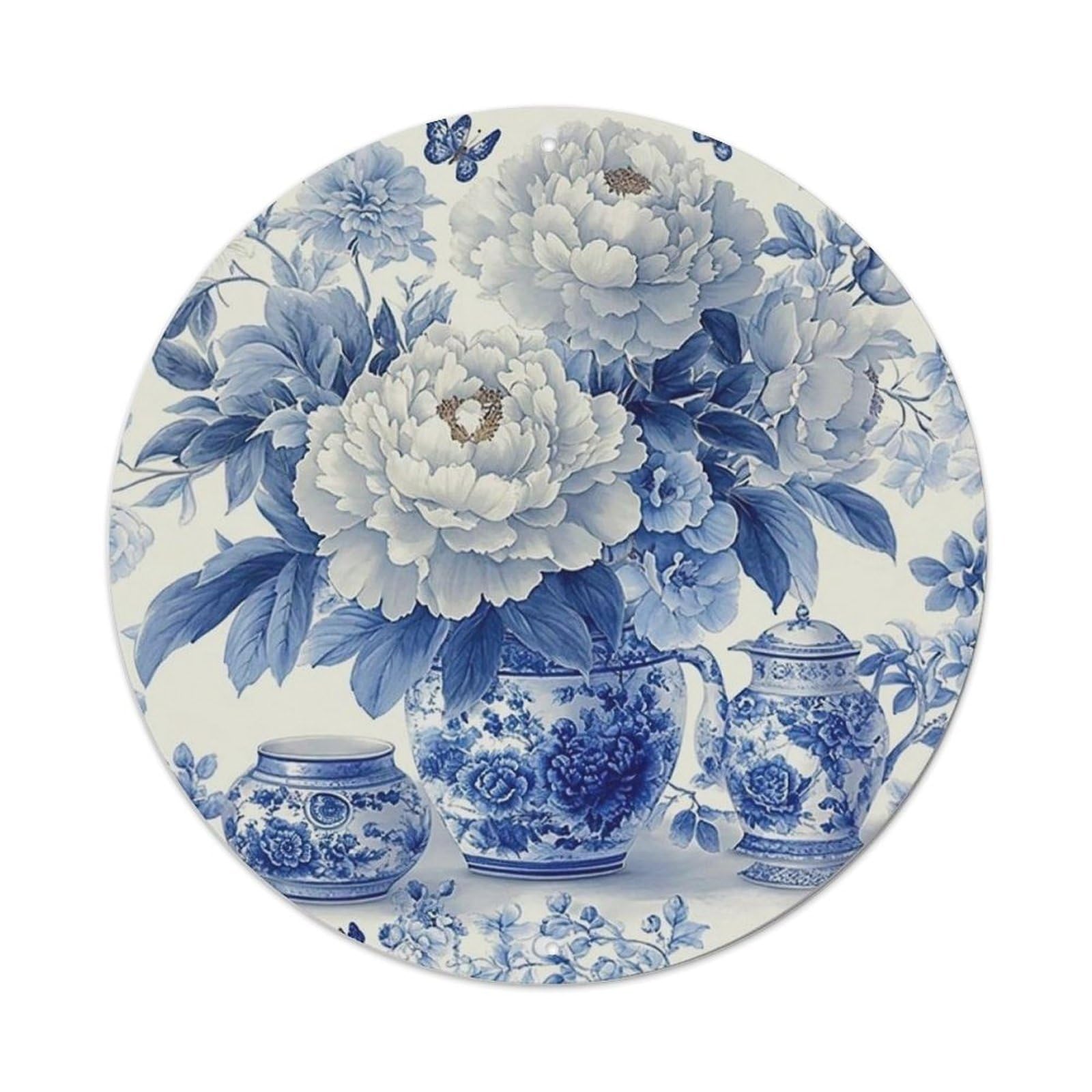 Blue And White Floral Pattern Metal Tin Sign