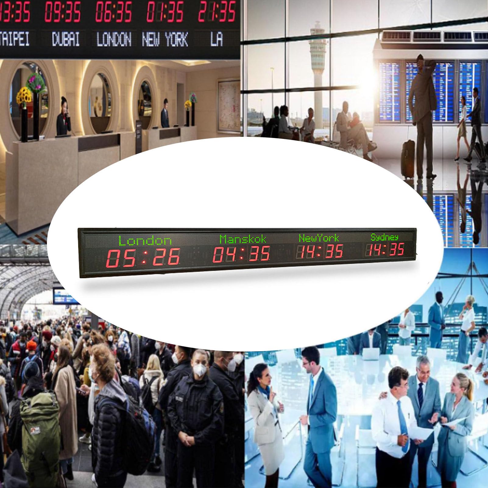 Orologio Digitale con fusi orari mondiali, Display LED Multiplo con 5 Livelli di Regolazione della luminosità, 3/4/5/6 Città per aziende multinazionali, Hotel e uffici, 6 Città (3 Città)