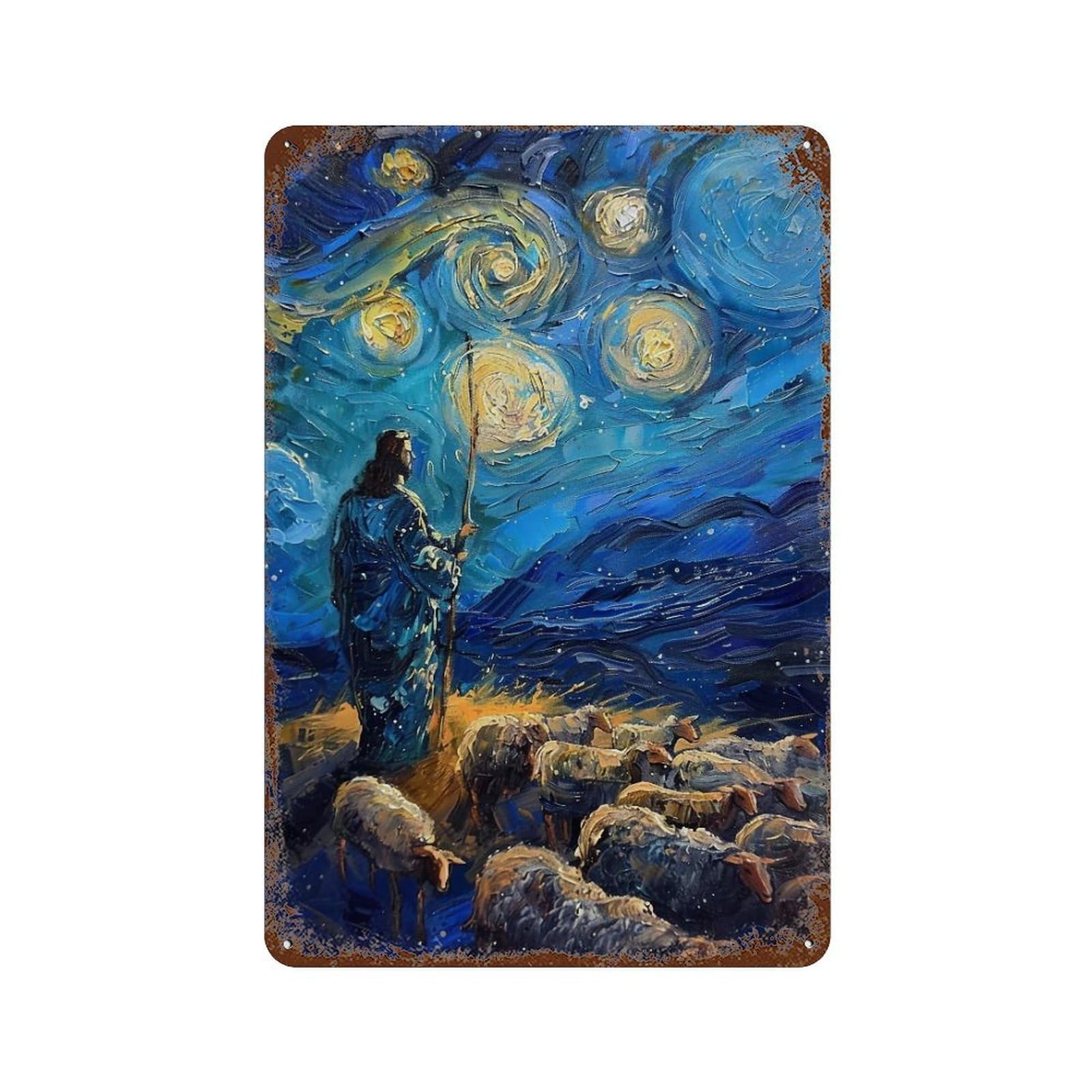 YHGERTKU Starry Night Shepherd 03 Wall Art Retro Iron Vintage Metal Tin Sign Poster Modern Decor for Living Rooms Gift 30x20cm