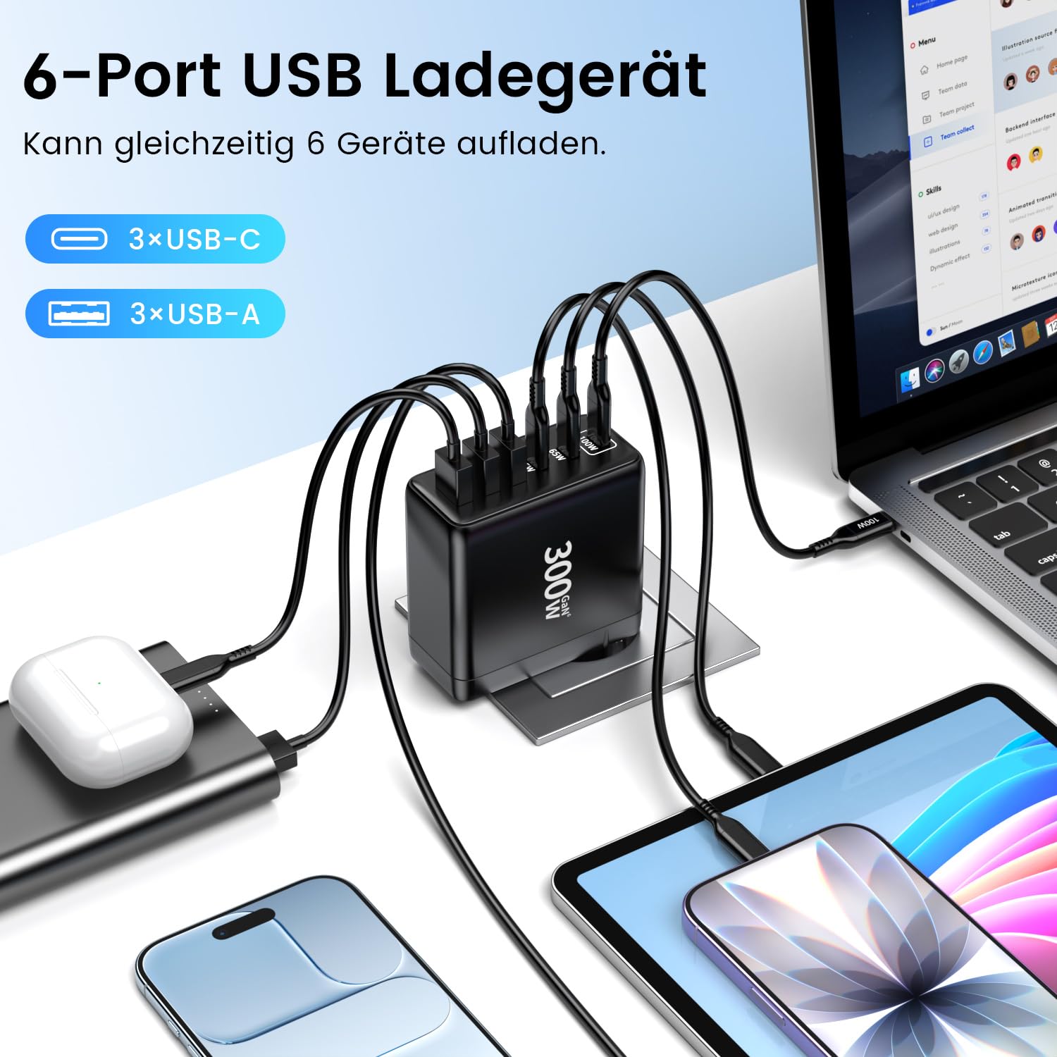 HSSNS 300W USB-C Ladegerät, 6 Port USB Ladegerät Mehrfach Schnellladegerät mit 3 USB-C und 3 USB-A, GaN PD Charger für MacBook iPad Pro/Air, iPhone 17 16 15 Pro Max, Samsung usw.