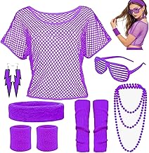1 Ensemble de Déguisement Année 80 90 Femme Fluo T-shirt Resille, Collier, lunettes, boucles d'oreilles, gants, etc, Kit Annee 80 Femme Accessoires Carnaval Vêtements Fête Thème, Violet