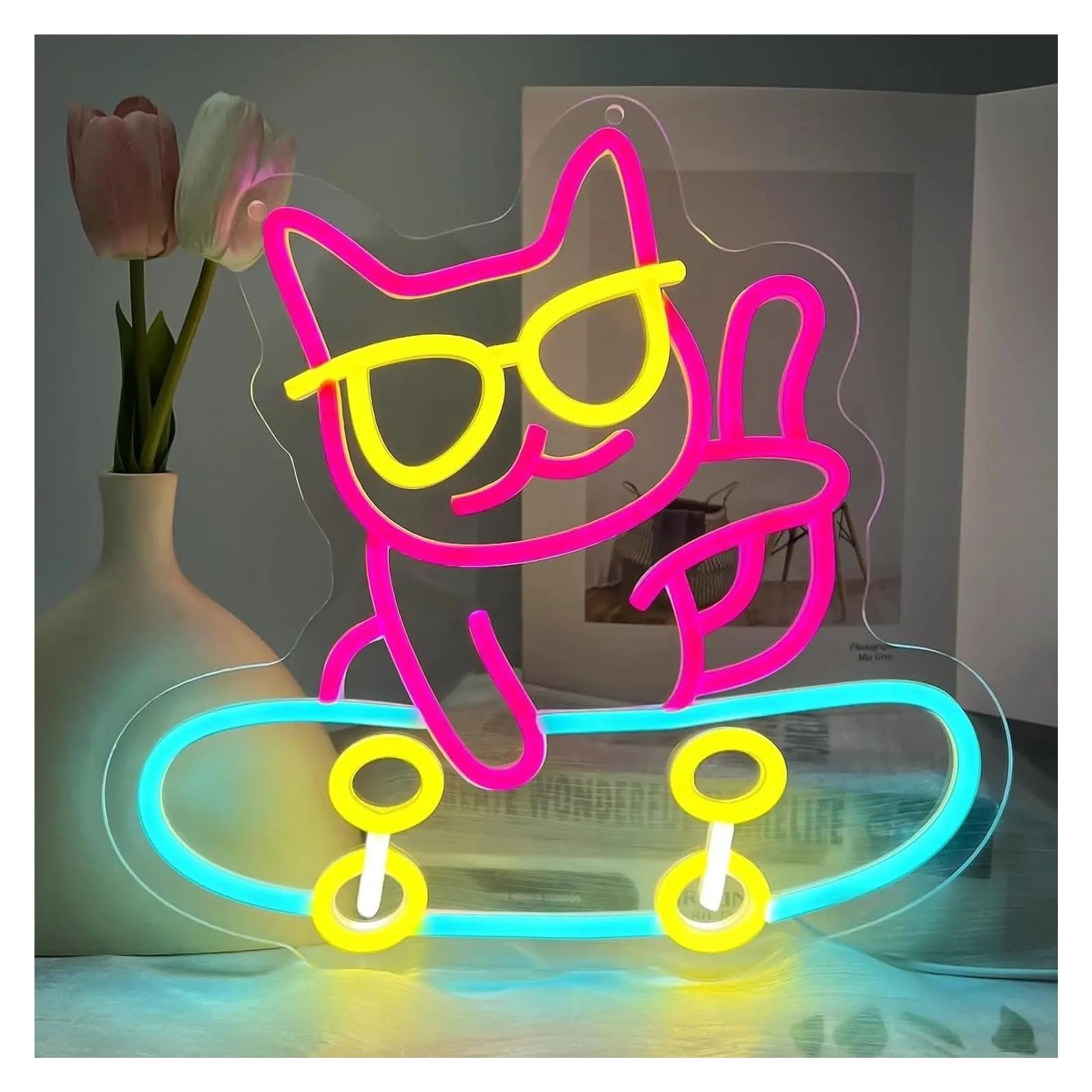 LEMST Sign Lamp Skateboard Cat Neon Sign Light Dimmable USB Powered for Bar Club Bedroom Hotel Birthday Party Decor 33cmx34cm