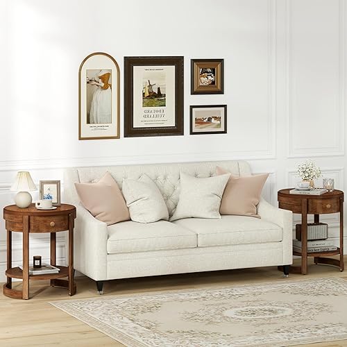 Miniatura 8 de Giantex Mesa auxiliar redonda, mesa auxiliar de madera de 2 niveles con cajón y estante, acabado de grano de madera vintage, mesita de noche