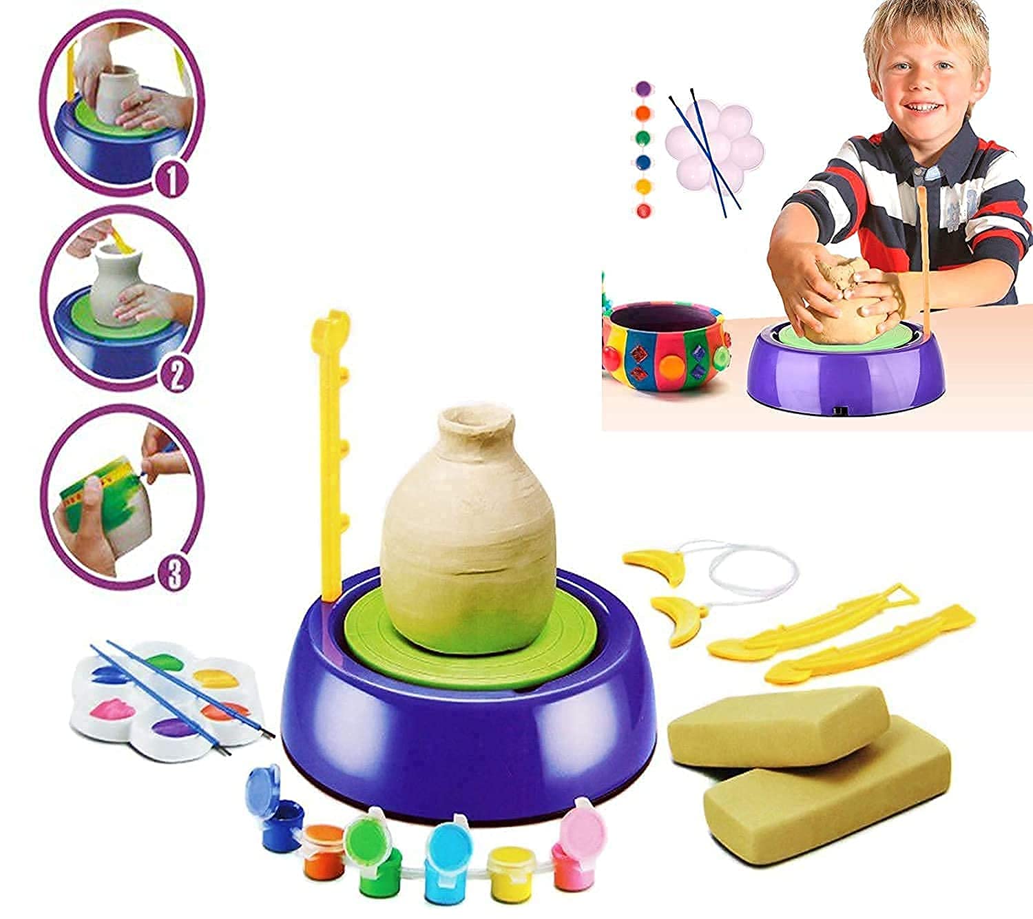 Shivaaro DIY Pottery Art Wheel Play Toy Set | Handmade Clay Pot Making Machine Game with Colors and Stencils | Educational Sculpting Clay Toys for Kids 3