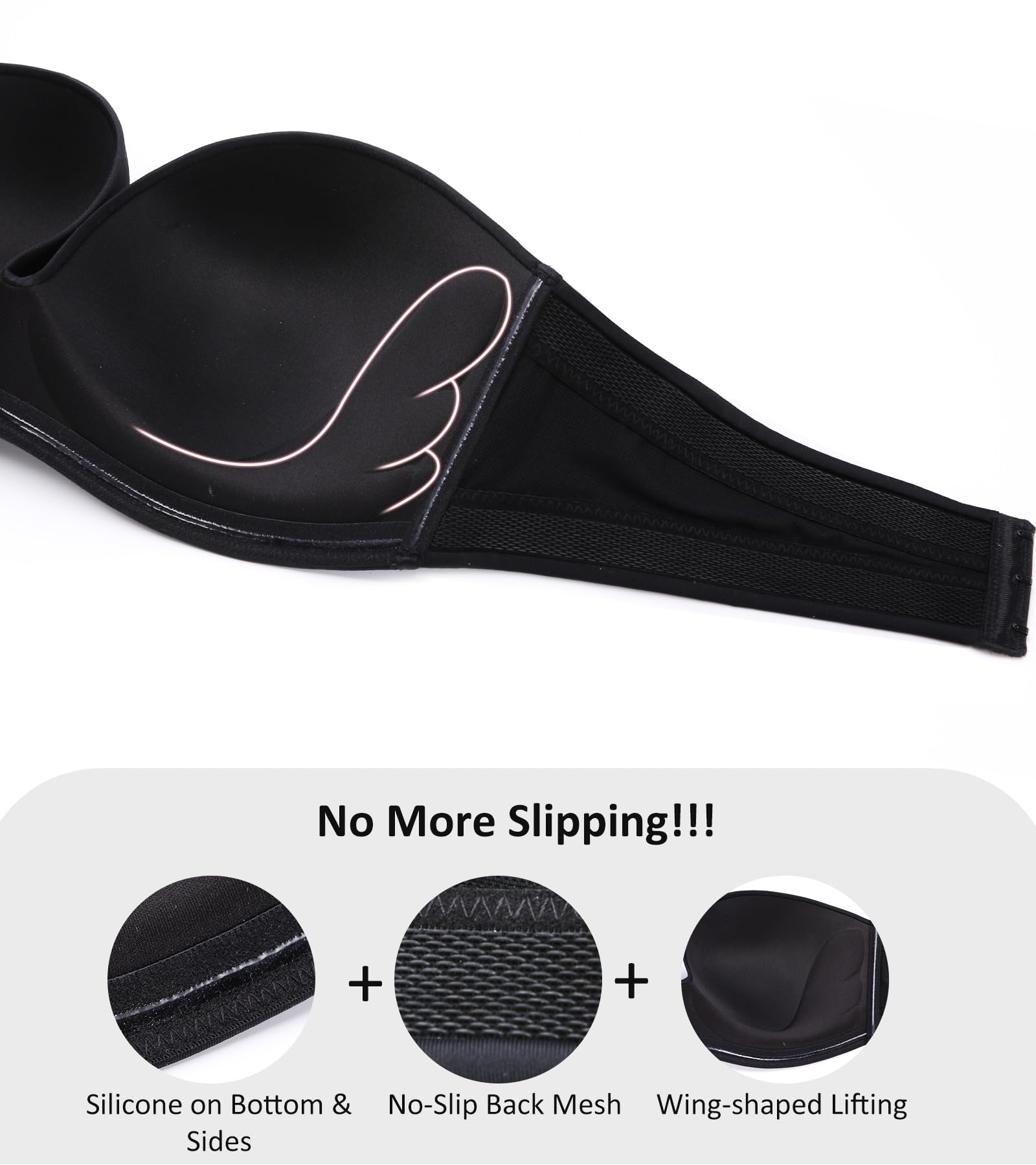 Lemorosy Brasier sin Tirantes para Mujer, sin Varillas, con Relleno, Antideslizante, Invisible, sin Tirantes, Negro Puro, 85A