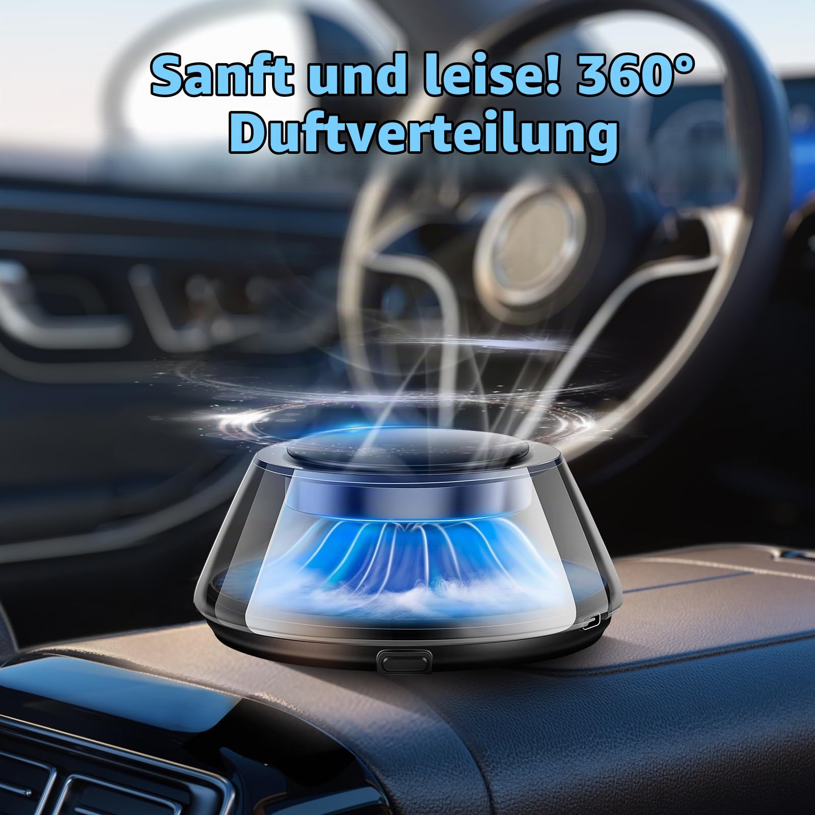 Kwak's Intelligenter Auto-Duftzerstäuber mit automatischer Ein‑/Ausschaltung, 5‑farbige LED‑Beleuchtung, 2 Nachfüllungen – Langanhaltendes Autoparfüm, Automatischer Duftdiffusor für Armaturenbrett
