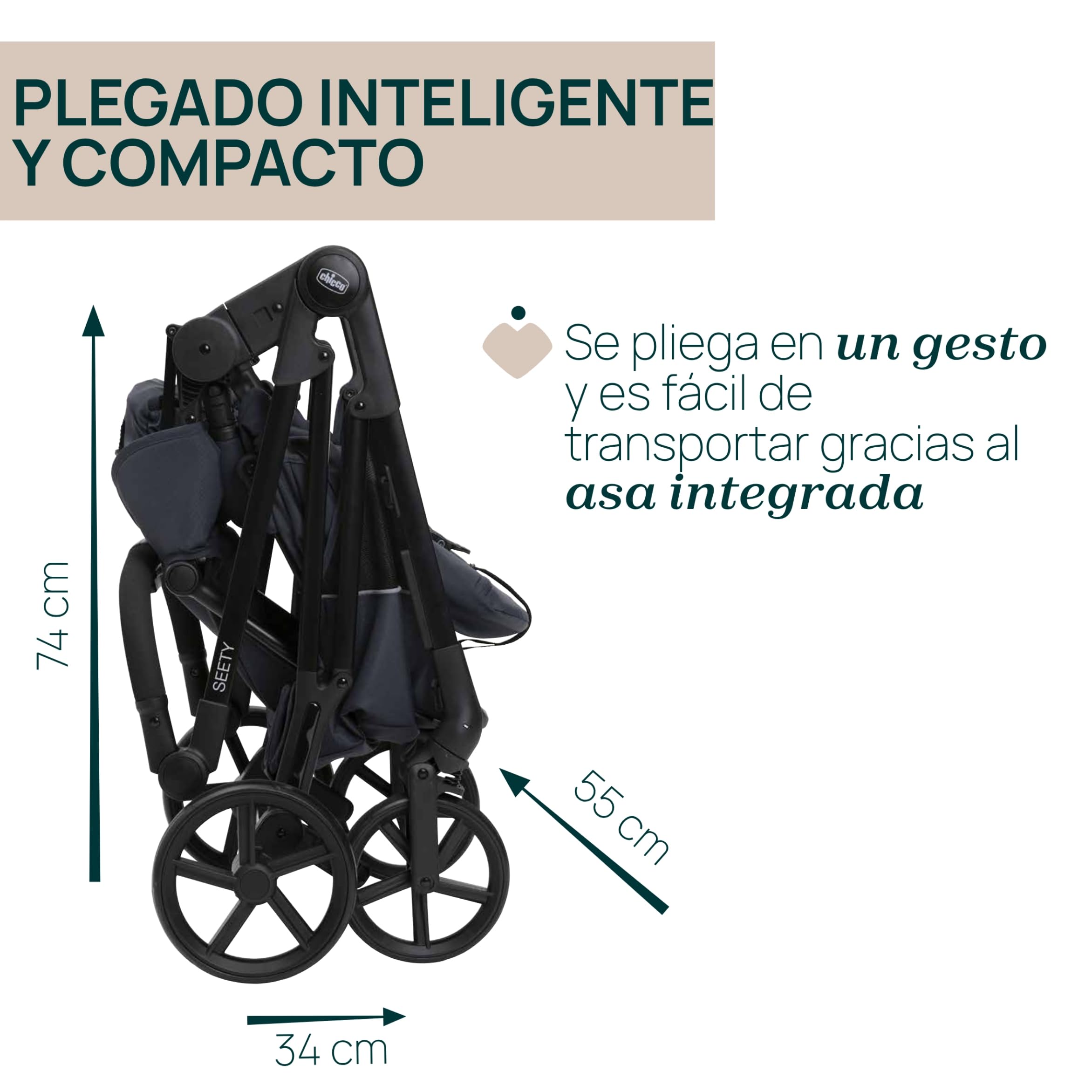 Chicco Cochecito Seety, Cochecito Ligero y Compacto, Desde 0 Meses hasta 4 Años, Capacidad Máxima 22 kg, Cochecito Plegable, Respaldo Reclinable, Cierre Automático en 1 Gesto, Capota Parasol