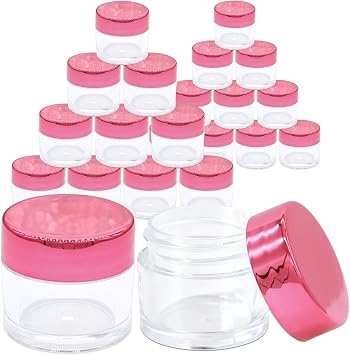 Beauticom 7g/7ml 0.23 Fl Oz Thick Double Wall Leak-Proof Round Clear Plastic Jars with Flat Top Lids for Creams, Lotions, Make Up, Powders, Glitters Color Rose Gold, Quantity 24 Pieces