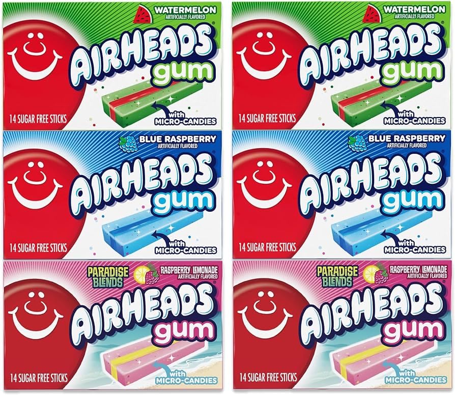SECRET CANDY SHOP Airheads Candy Gum Sugar-Free Variety Pack (Raspberry Lemonade, Watermelon, Blue Raspberry) (2 of each, total of 6)