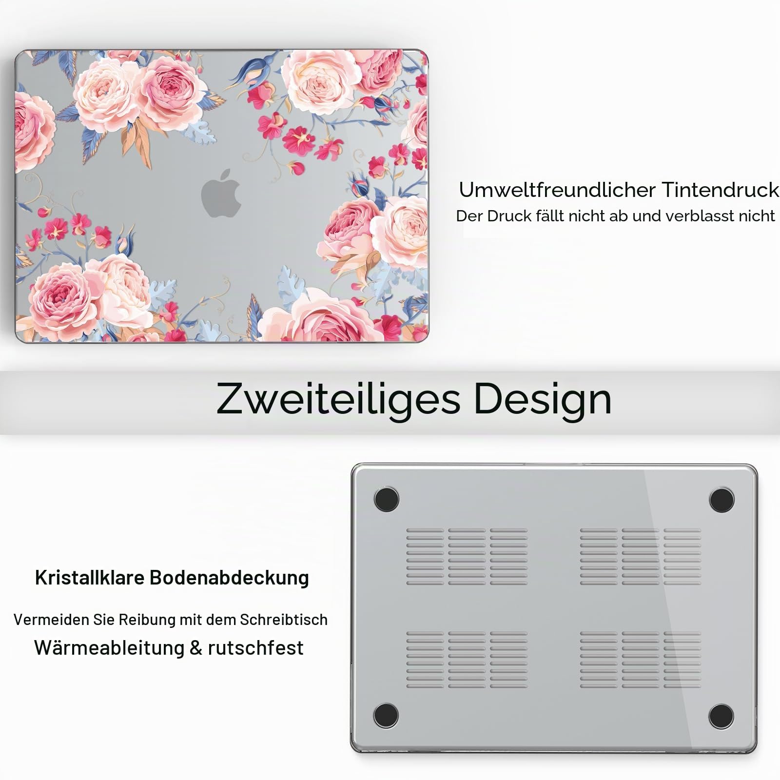Kompatibles MacBook Air 13,6 Zoll Hülle 2022-2026 Release Modell: M4 A3240/A3449 M3 A3113 M2 A2681 Chip, Bedrucktes Muster Hartschale Laptop Hülle für MacBook Air 13,6 Zoll，Rose Flower A4