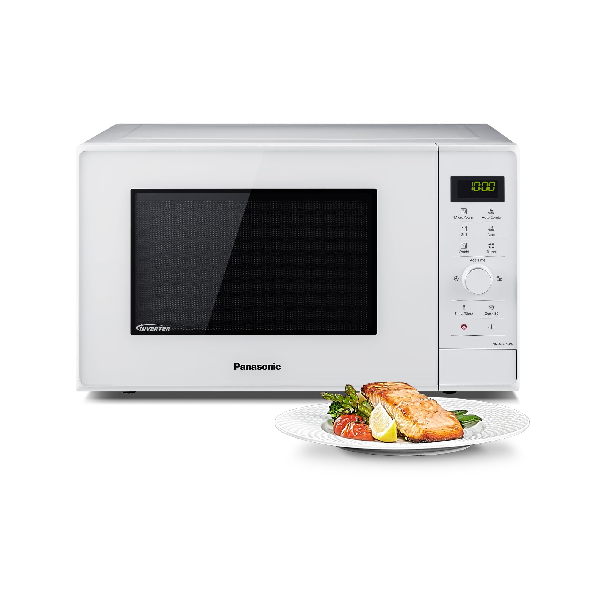 Panasonic NN-GD34HWSUG Inverter Horno Microondas y Grill con Plato Giratorio, 23 Litros, Acero Inoxidable, 1000 W, Grill de 1000 W, 13 Programas Automáticos, Rejilla, Blanco