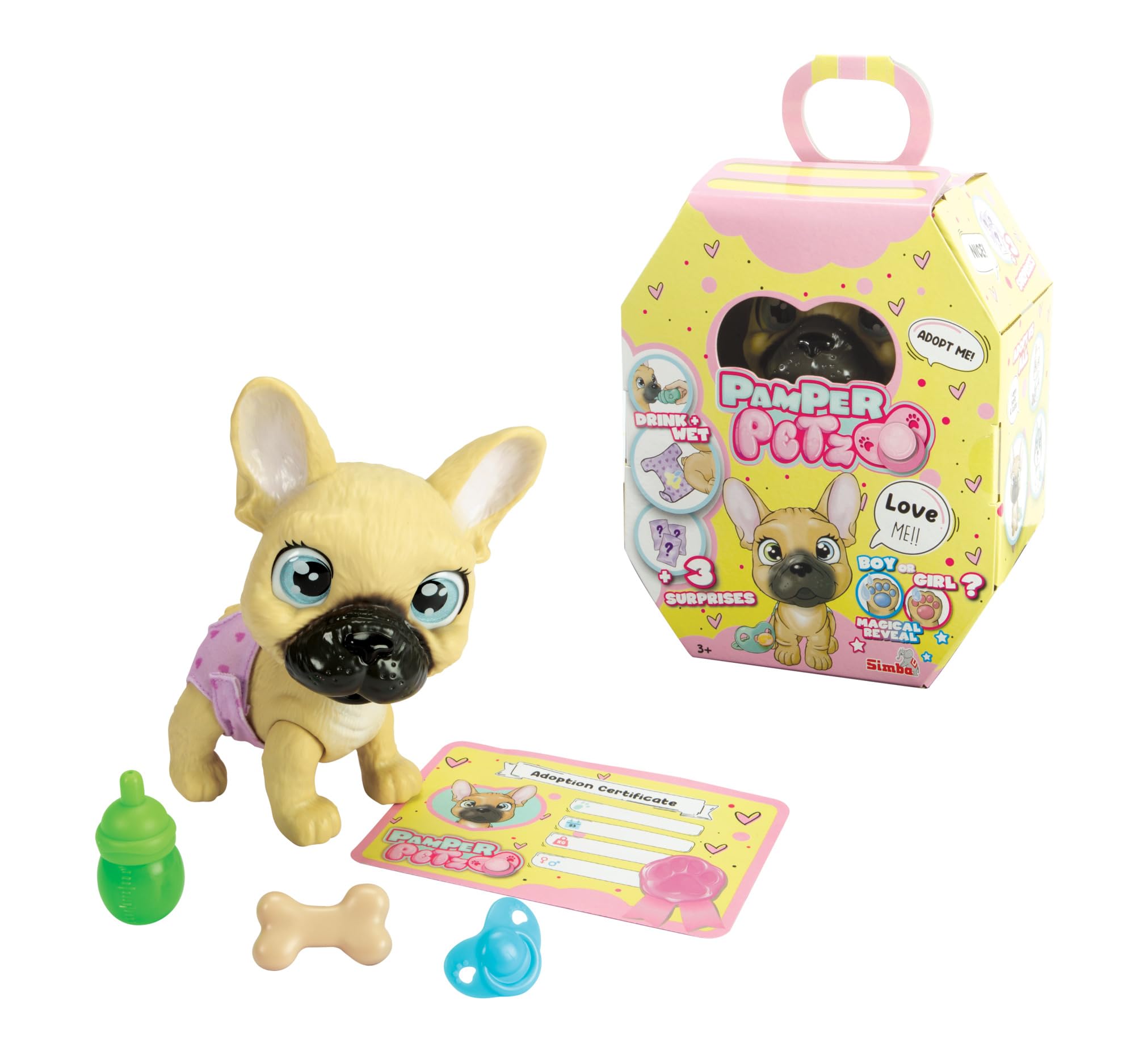 Simba 105950098 Pamper Petz Buldog francuski z funkcją picia i siusiania 15 cm; szczeniaczek z akcesoriami - niespodziankami; magiczna łapka zdradza płeć pupila;zwierzak dla dzieci od 3 lat