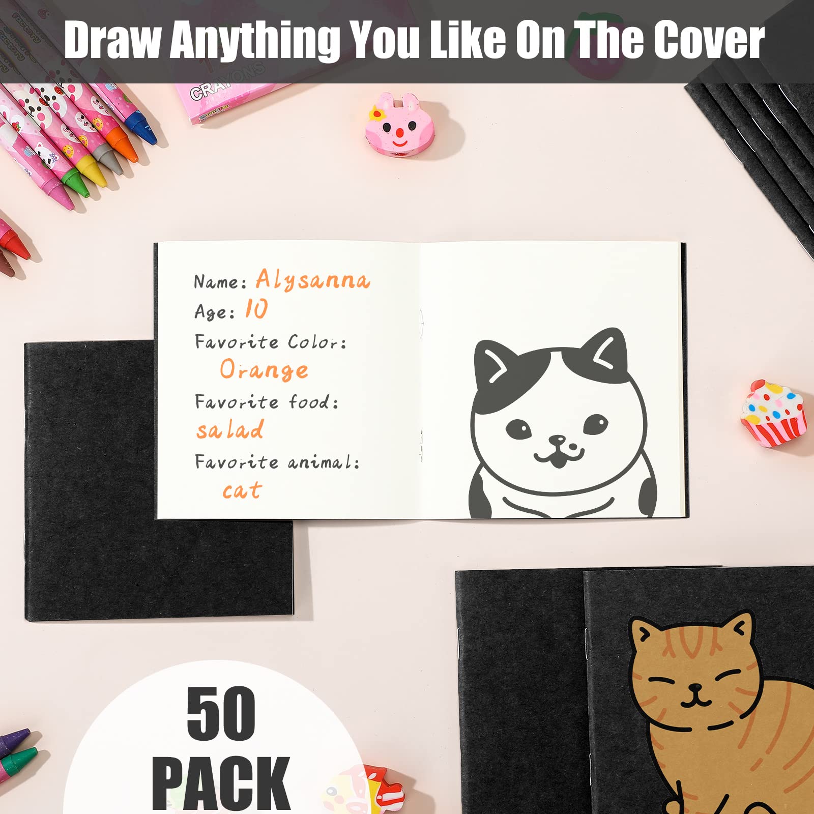 Thenshop 50 sztuk mini notebooków luzem 10 x 10 cm, czarny, pusta strona