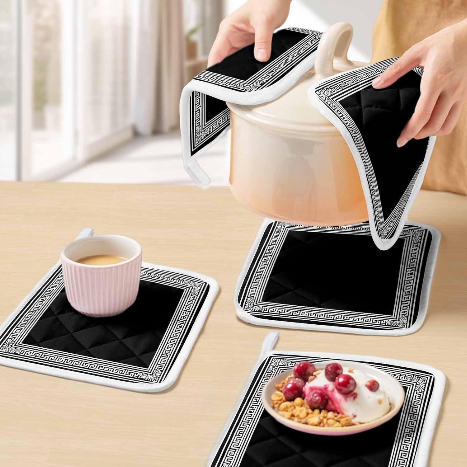 Pot Holder Set of 5 Black Abstract Geometric Potholder Heat Proof Non Slip Pot Holders, Back Print Hot Pads Potholders for Kitchen Cooking Baking BBQ