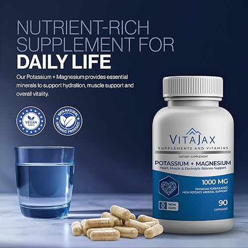 Miniatura 6 de Suplemento de potasio y magnesio 1000 mg  90 cápsulas  Suplemento de magnesio y potasio para corazón, calambres en las piernas, músculos