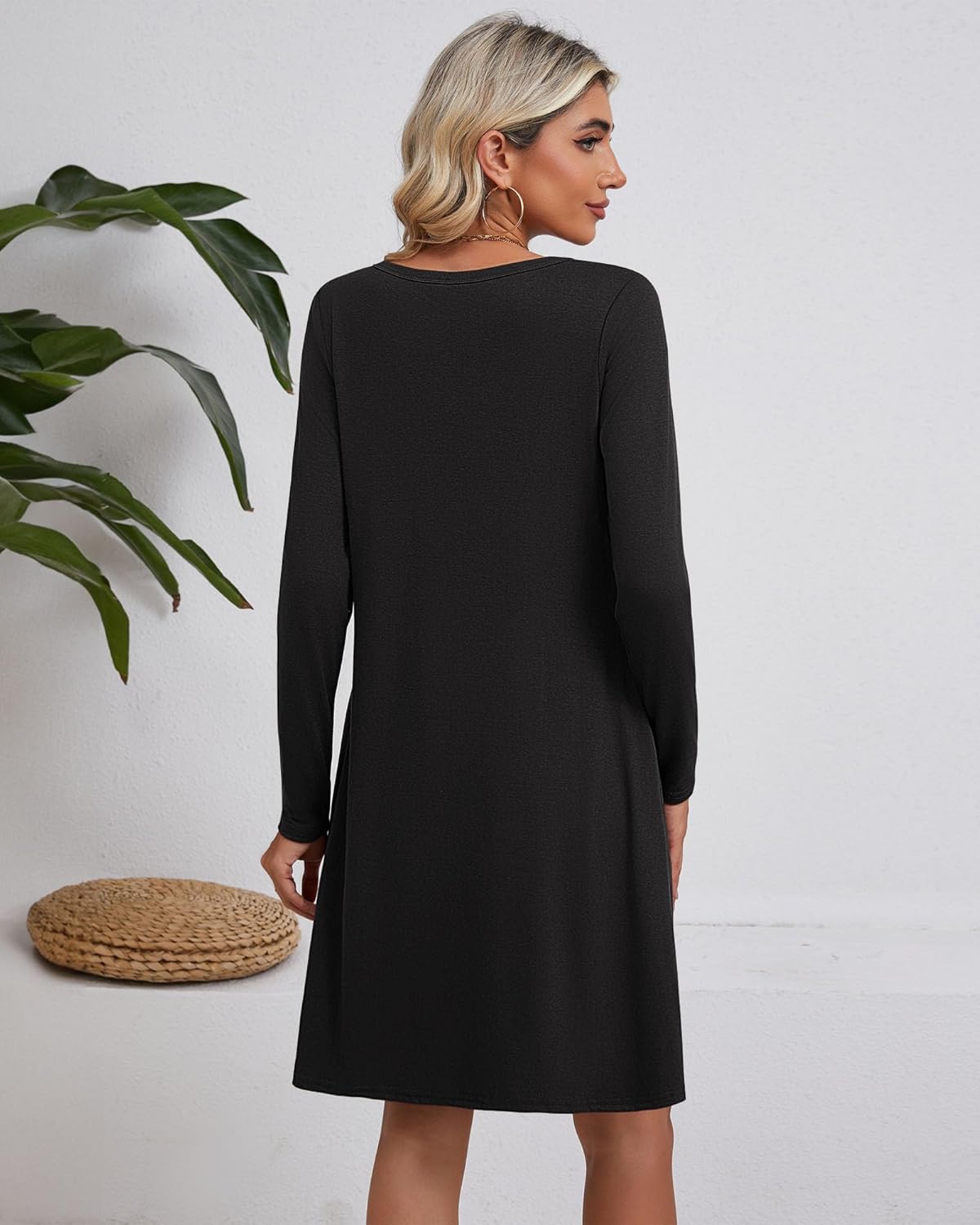 Women's Casual Long Sleeve Dresses Crew Loose Fall Waist Pleated Long Dress Knee Length Basic Dress with Pockets - Image 3