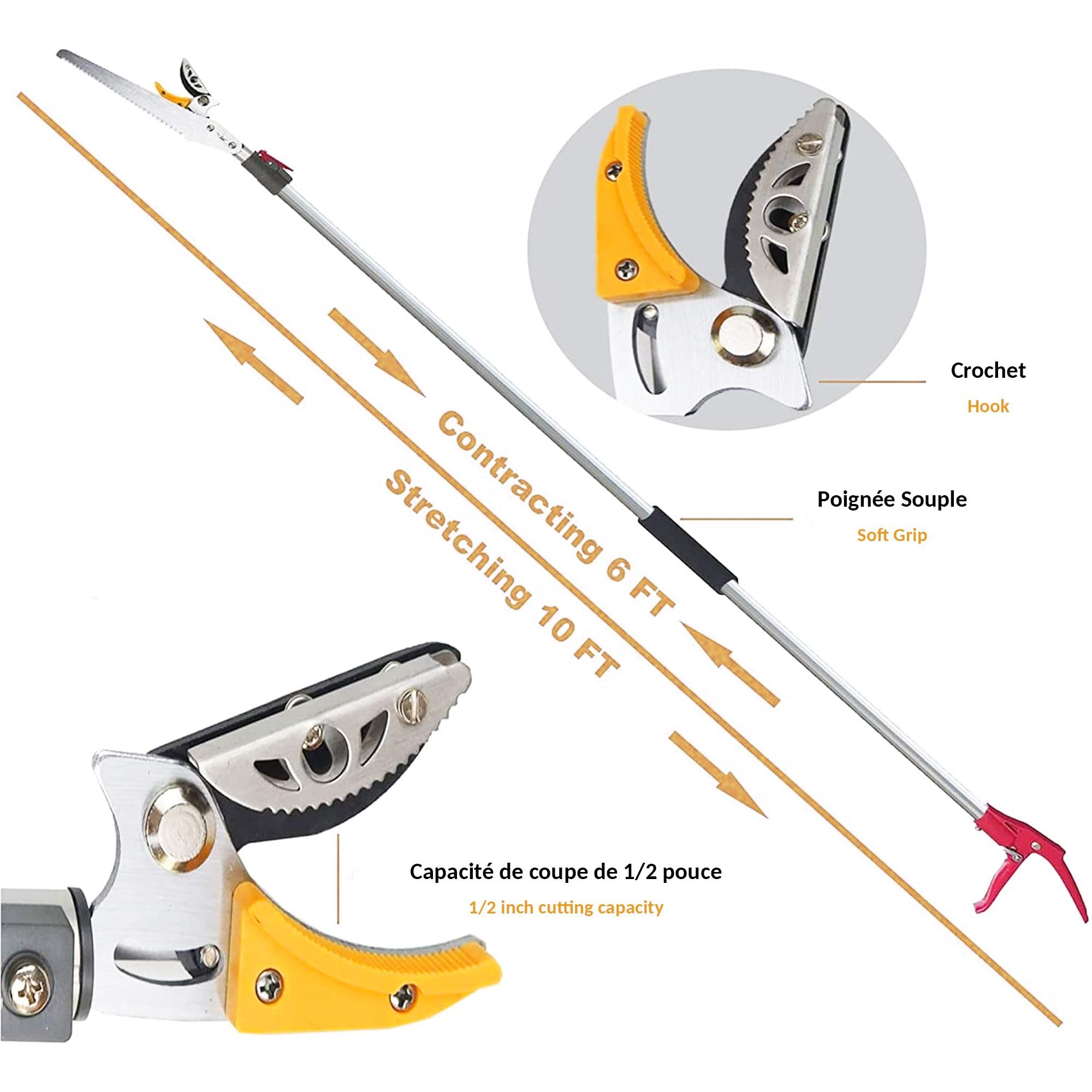 FISHTEC - Tijeras de jardín telescópicas extensibles de FISHTEC: de 1,37 a 2,2 m + sierra para el cuidado de árboles – tijeras para árboles – poda y corte de ramas – hoja de acero + yunque de agarre