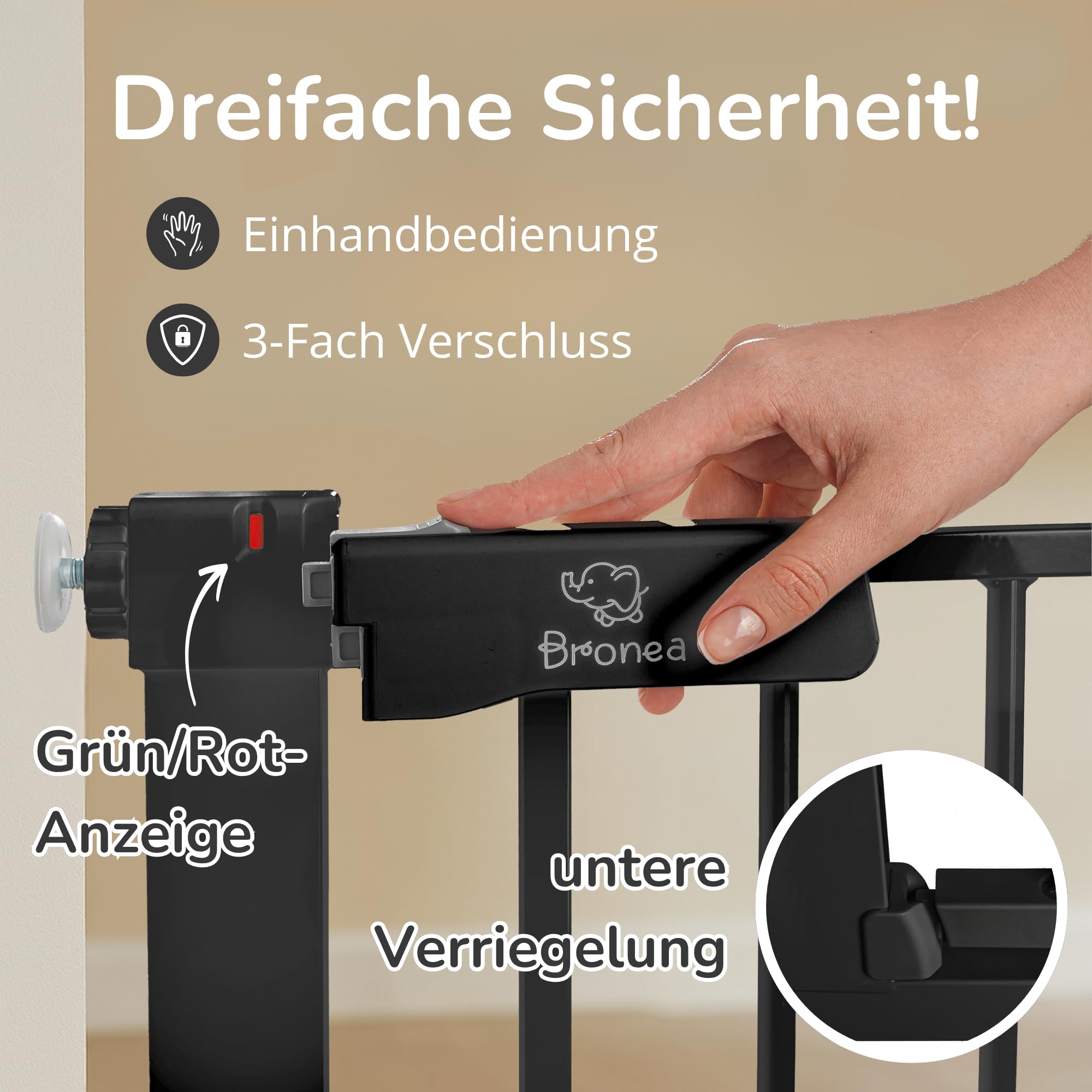 Luca Treppengitter ohne Bohren | Türgitter & Treppenschutzgitter zum Klemmen | verlängerbar 75-194 cm | Auto-Close, 90° Stop, beidseitig schwenkbar (152-159 cm)