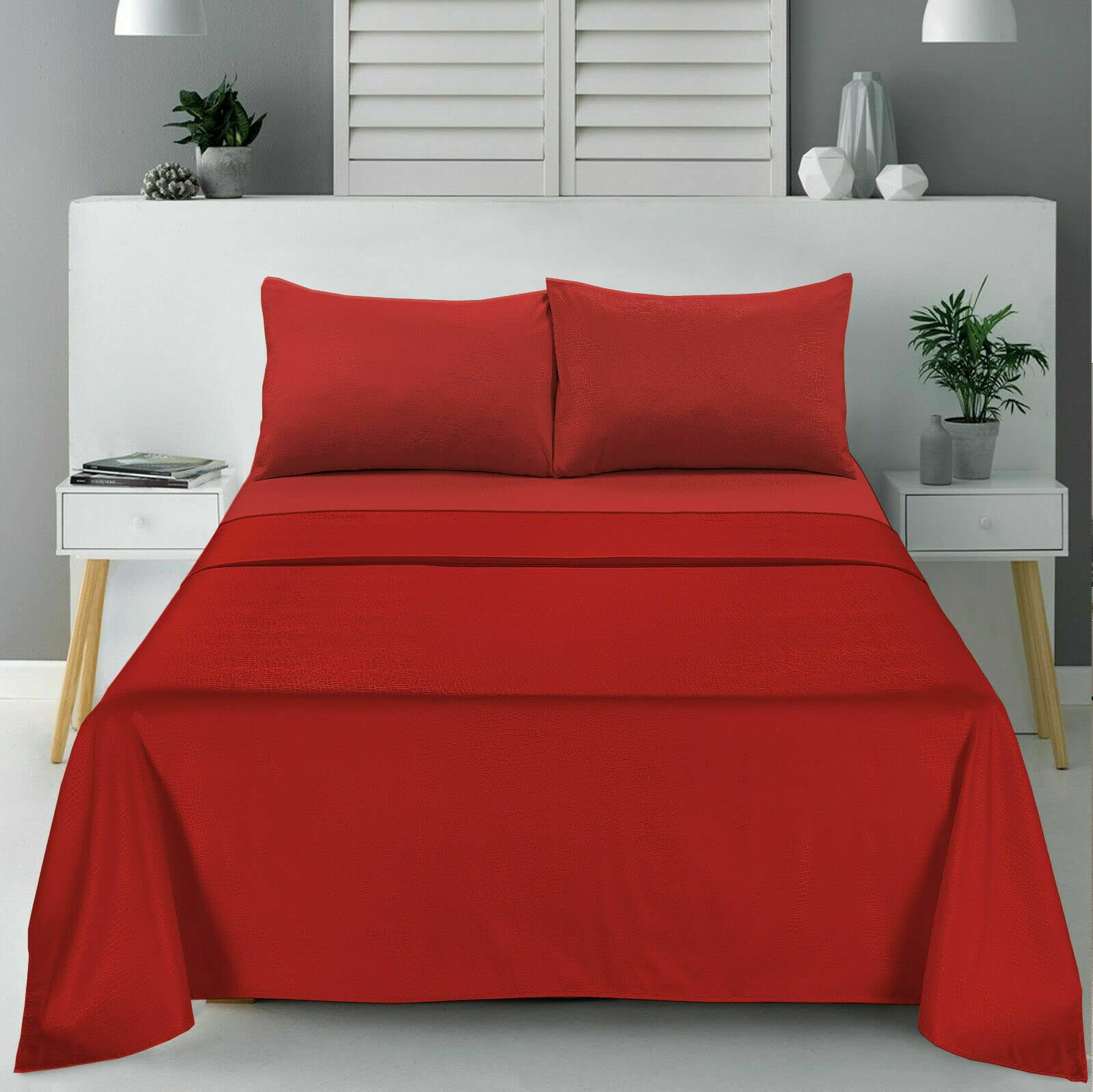 Full Flat Sheet 100% Poly Cotton Embossed Bed Sheet TC 200 UK King Size Bedding (Red)