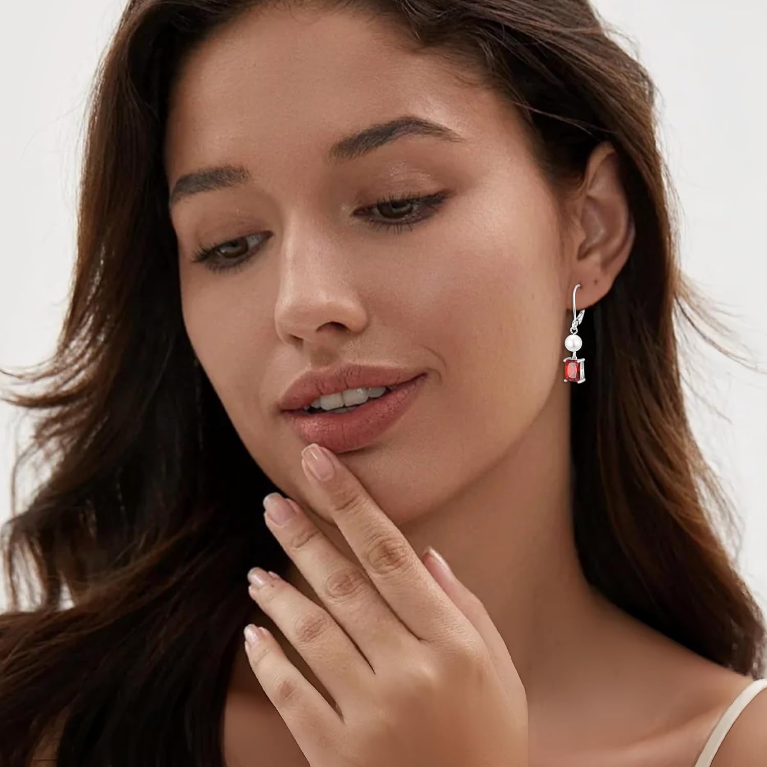 FJ Pearl Drop Earrings 925 Sterling Silver Emerald Cut Dangle Leverback Earrings Birthstone Jewelry Gifts for Women - Image 3