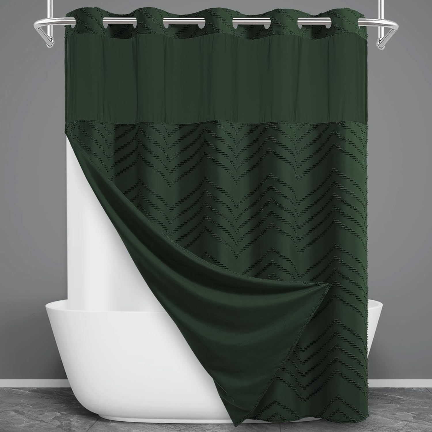 No Hook Shower Curtain with Snap in Liner, Tufted Chevron Striped Shower Curtain Set for Bathroom, Boho Waterproof and Washable Shower Curtains, 71Wx74H, Dark Green