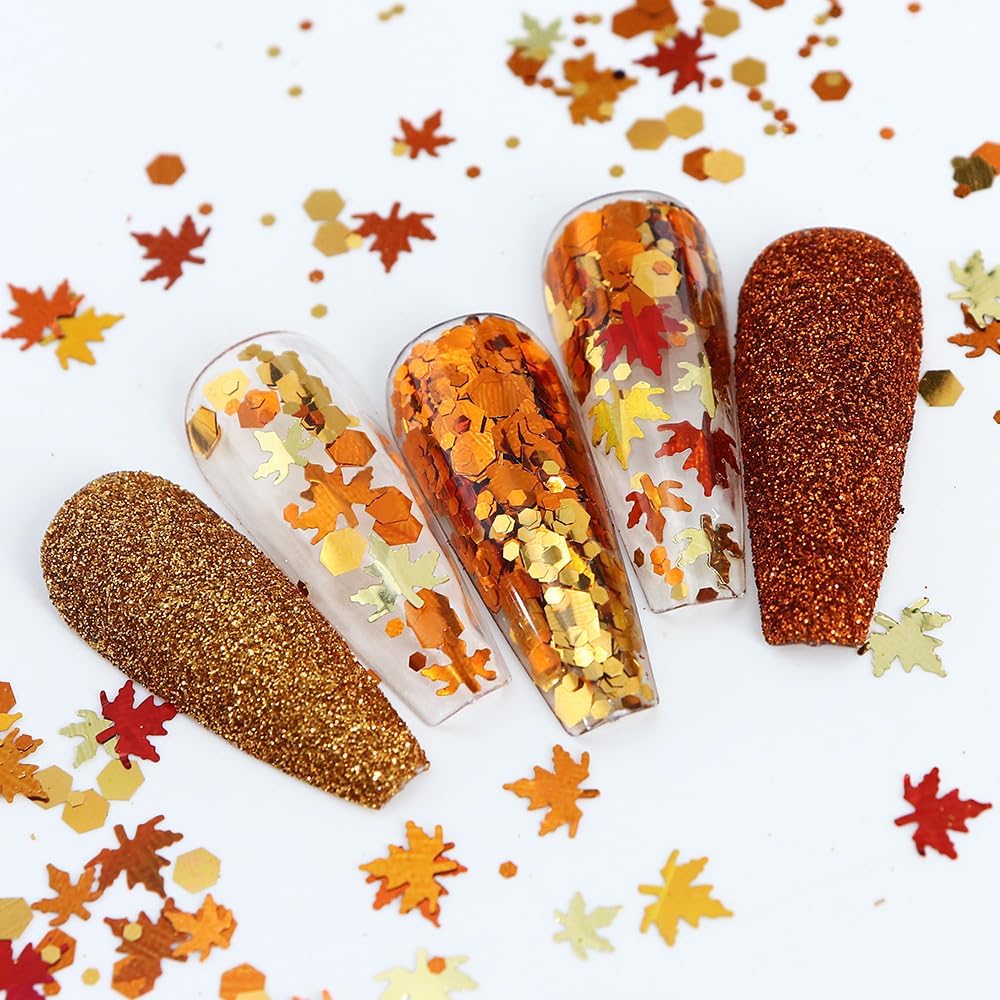6Pcs Maple Leaf Nail Art Glitter Sequins for Nail Design Flakes Nail Charms Holographic Laser Autumn Leaf Nail Glitter Flakes for Women Thanksgiving Acrylic Nails Decor