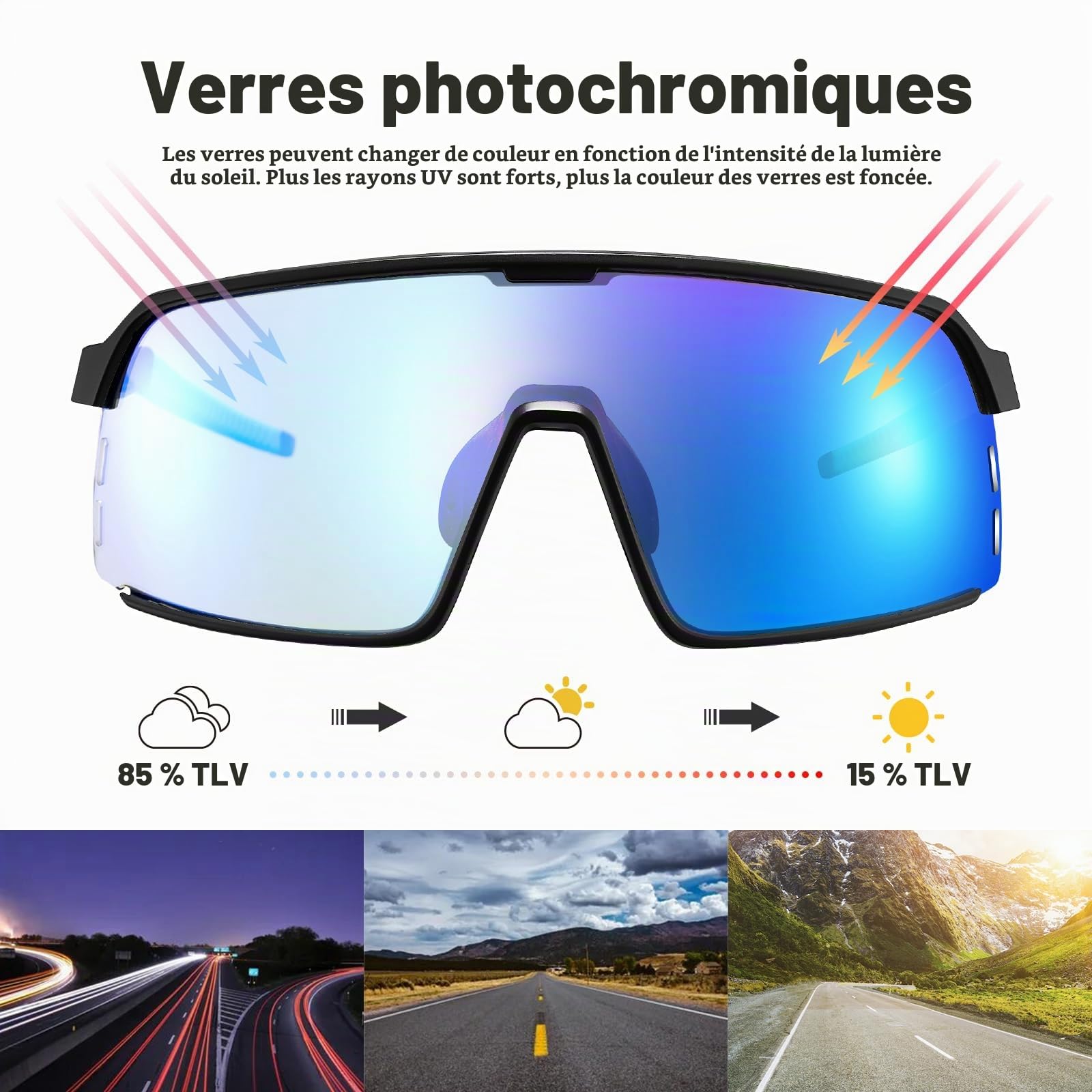 Odoland Lunettes de Cyclisme Photochromique pour Homme Femme Adulte Lunette de Velo Anti UV Lunette de Soleil Velo pour Randonneé Pêche Conduite