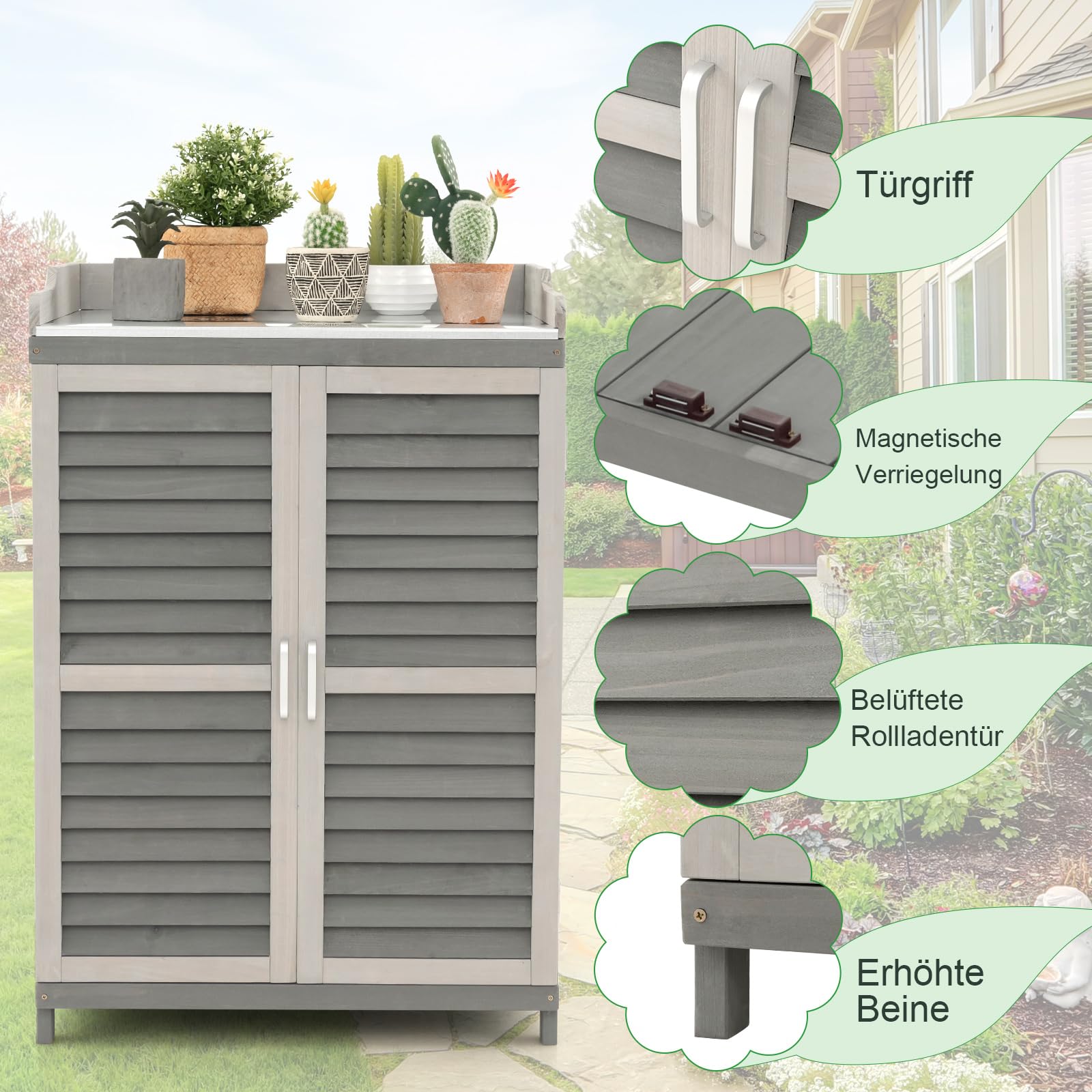 GOPLUS Gartenschrank Holz, Holzschrank mit Metalltischplatte & 2 Ablagen, Geräteschrank Gartenschuppen mit Belüftungstür, für Garten & Hinterhof, 67 x 47 x 100 cm