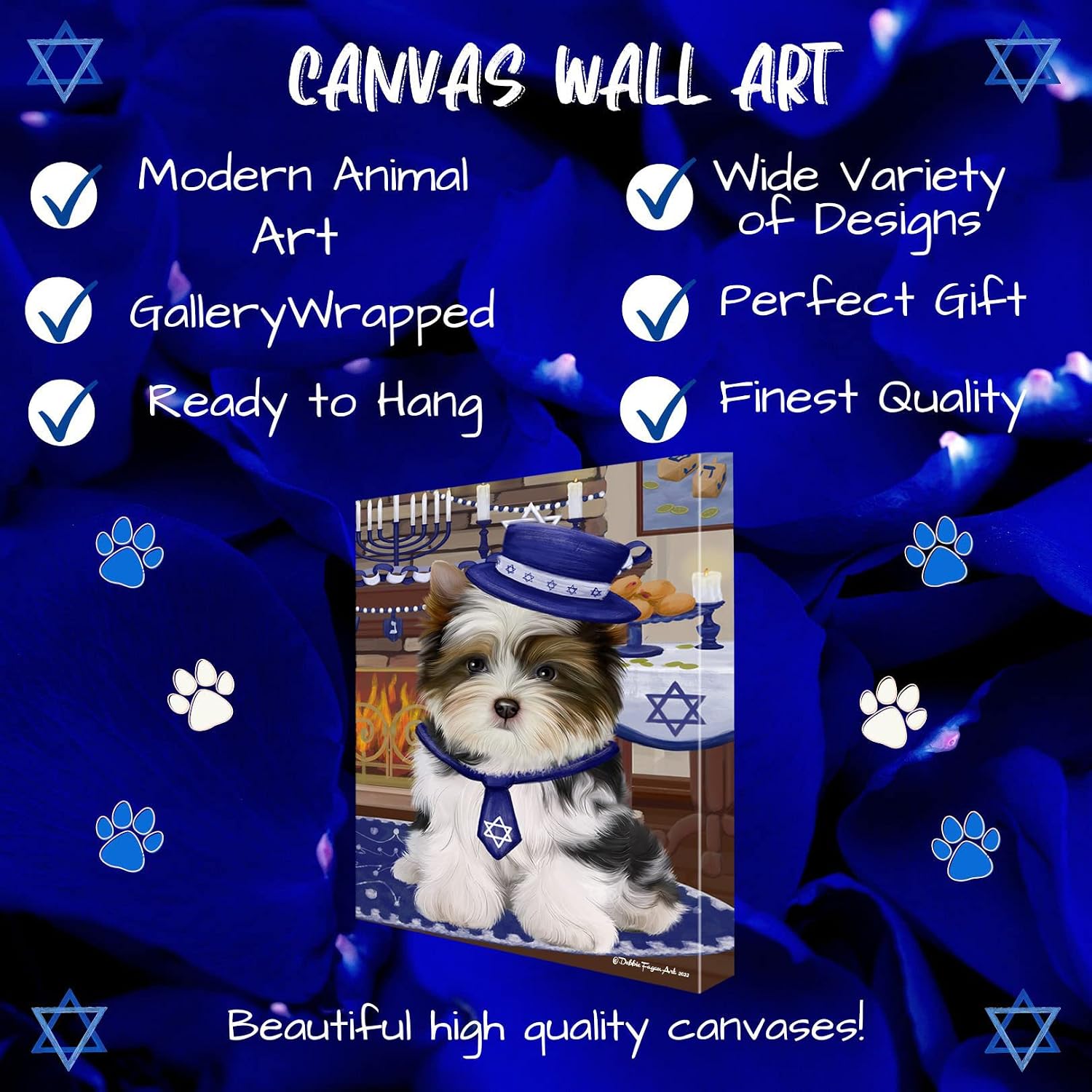 Doggie of the Day Hanukkah Both with Biewer Terrier Dogs Canvas Wall Art - Premium Quality Ready to Hang Room Decor - Flat Rolled 16" x 24"