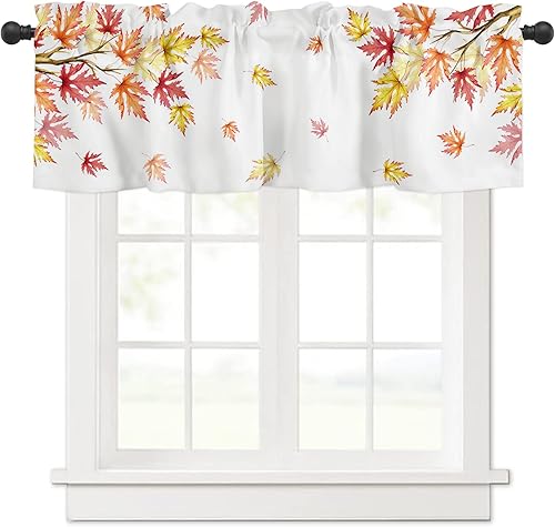 Cenefa para ventanas, cenefas de cocina con bolsillo para barra, cortinas cortas de hojas de arce de Acción de Gracias para sala de estar, baño,