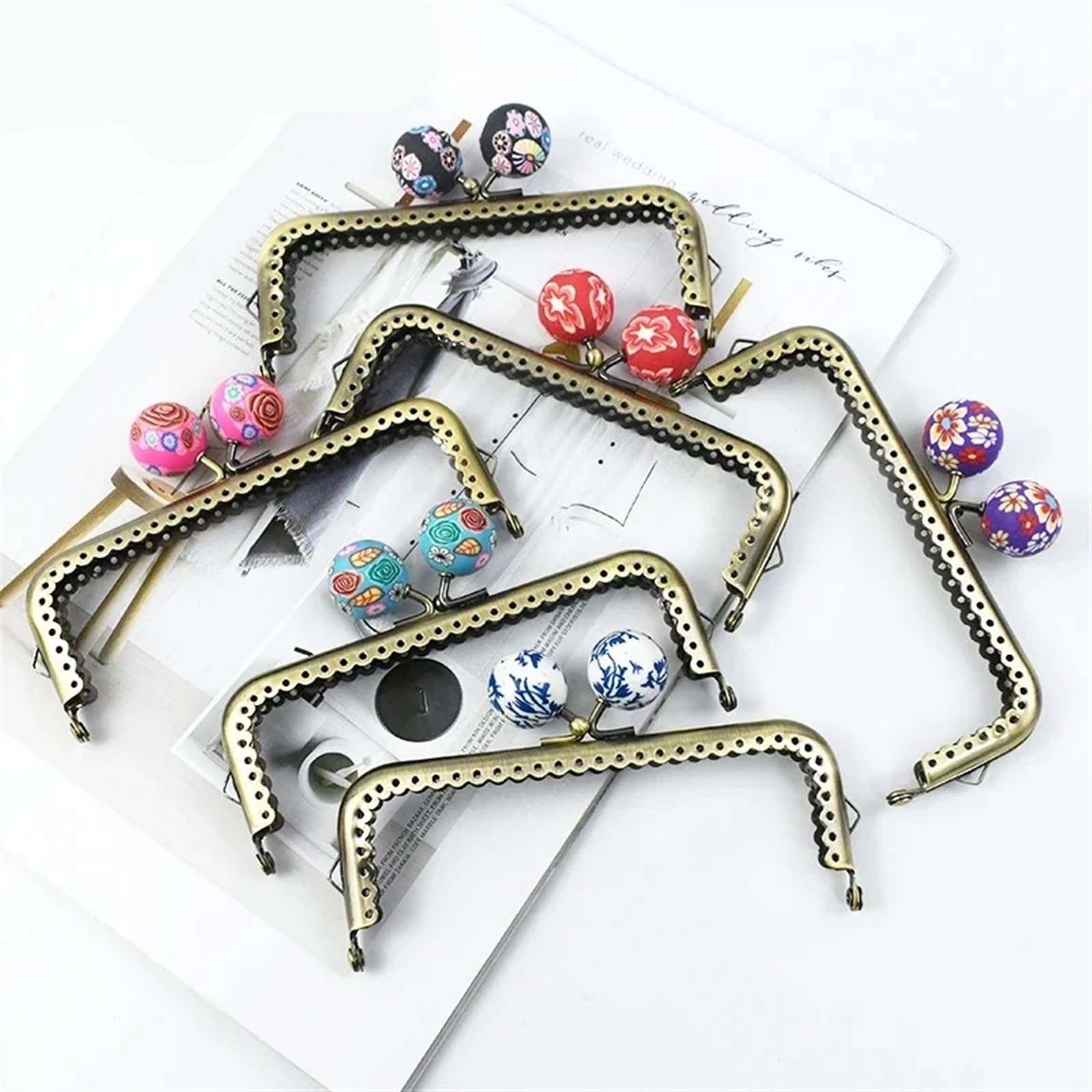 Cierres para Bolsos 5 uds., 12cm, Bolso de Metal, Marco con asa, Cuentas, Cierre de Beso, Billetera de latón Retro, Soporte de Costura, Hebilla, Accesorios de Hardware DIY(Red)