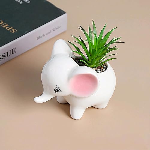 Miniatura 4 de Macetas de cerámica con forma de elefante con forma de elefante para suculentas, plantas de aire, plantas no incluidas (rosa y blanco)