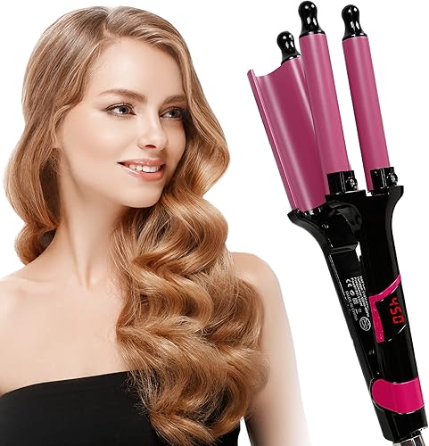 3 barril de pelo rizador de hierro profesional 0.787in0.78 pulgadas cerámica de la playa Waver con pantalla LCD de temperatura turmalina de