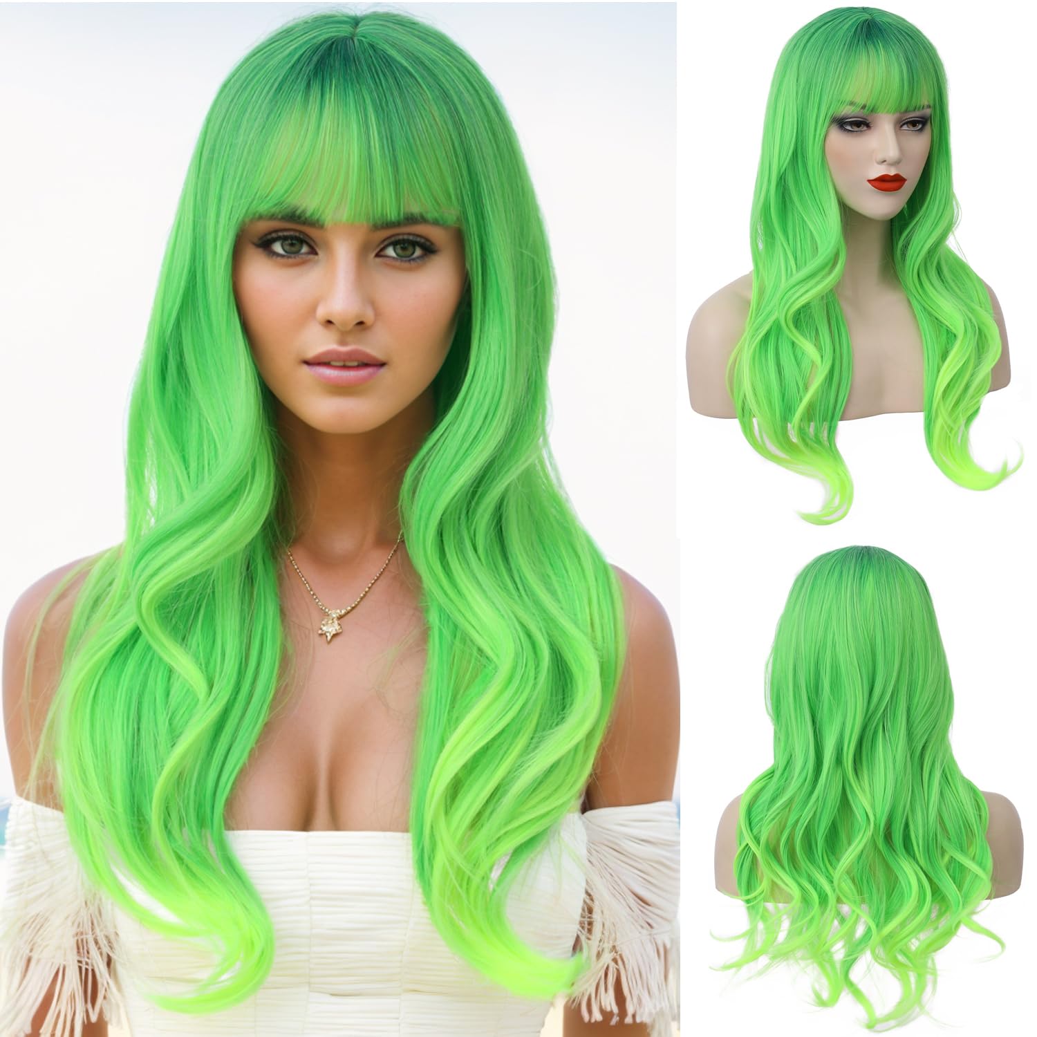 PATTNIUM Long Wavy Wig with Bangs Wig for Women Long Wig Cosplay Wig Heat Resistant Synthetic Wig (Lime Green)