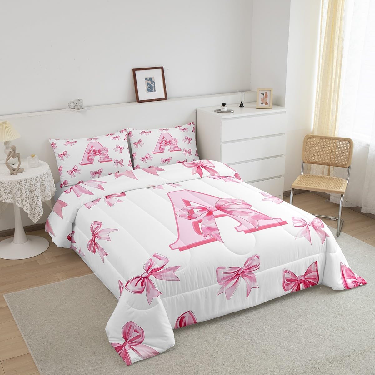 Erosebridal Initial Letter A Comforter Set Pink Bow Girls Twin Bedding Set Kawaii Girly Bowknot Bedding Comforter Sets Princess Style Romantic Bow Bed Set for Kids Teen Women - Image 3