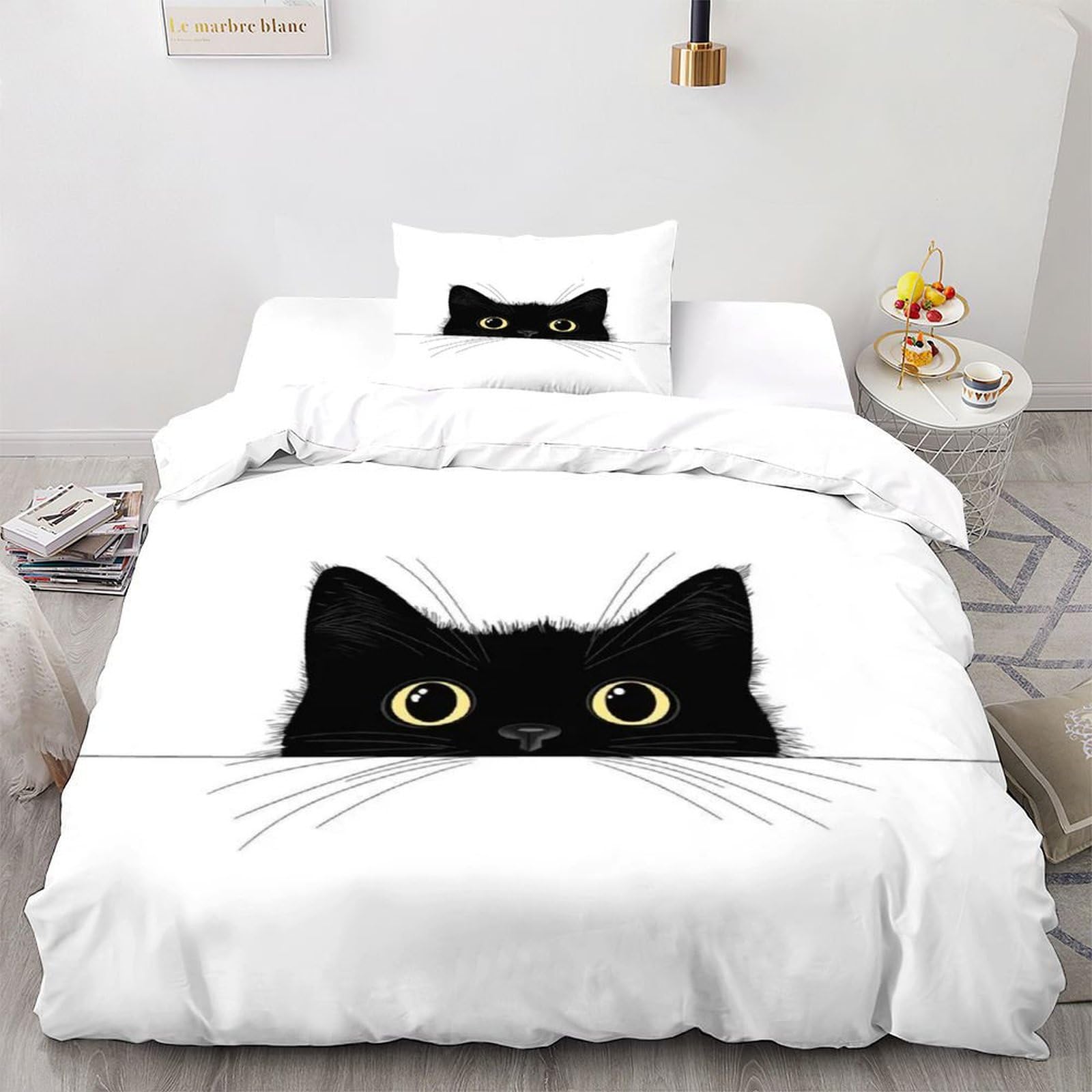 Black Cat Bedding Set Theme Bedspread Animal Print Duvet Cover Set Chic Breathable Comforter Cover for Boys&Girls with Pillowcase Single（135x200cm）