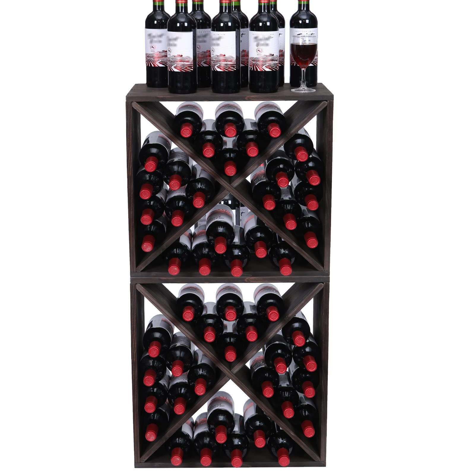 Cubo Portabottiglie In Legno Massello Stile Rustico – Impilabile Per 24 Bottiglie Di Vino