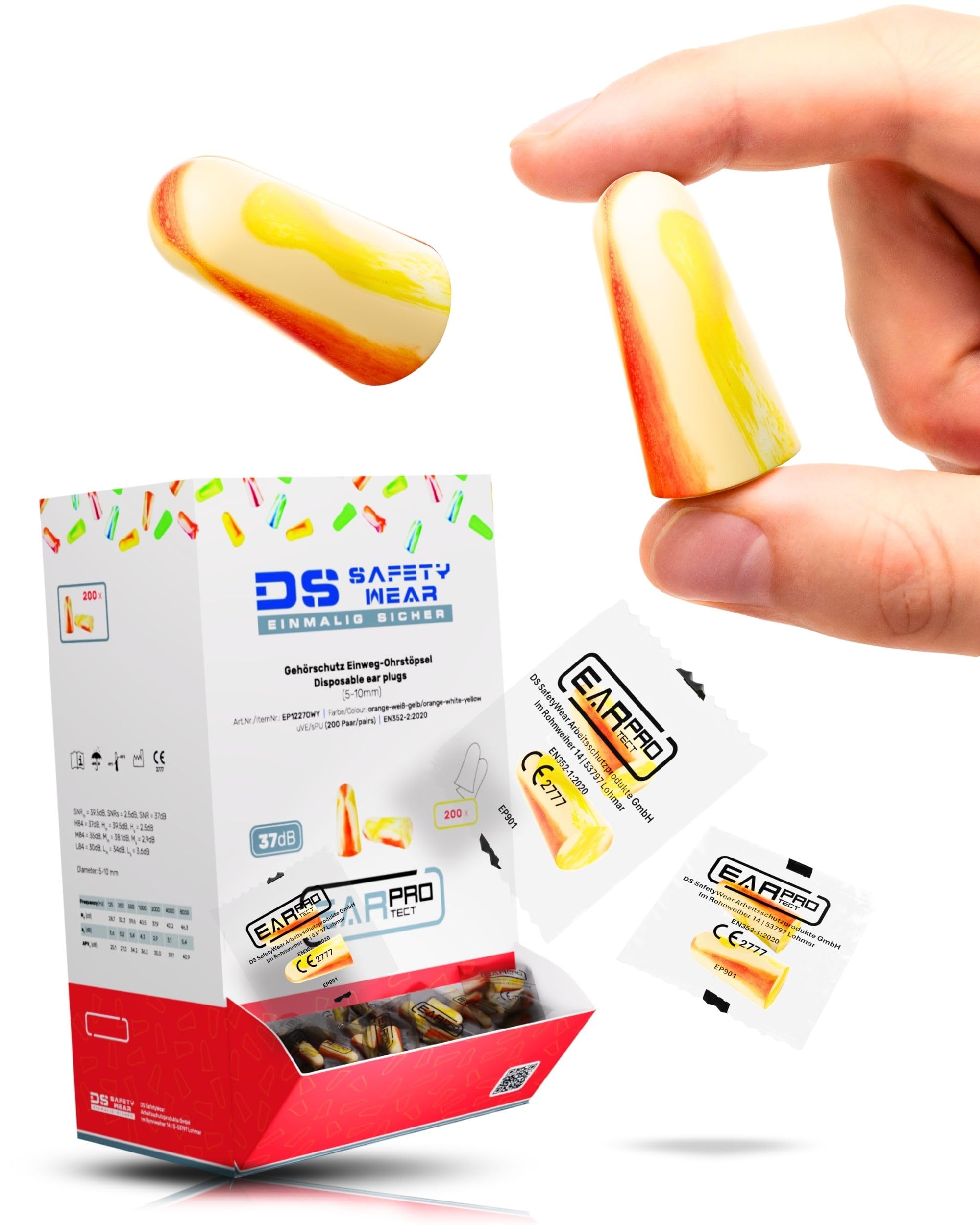 EAR PROTECT 400x Gehörschutzstöpsel 37dB - EN352-2 - Spender mit Ohrstöpsel (200 Paar) - Lärmschutz Ohrstöpsel - Ohrenstöpsel Baustelle - Professioneller Hygienischer Ohrstöpselspender für Betriebe