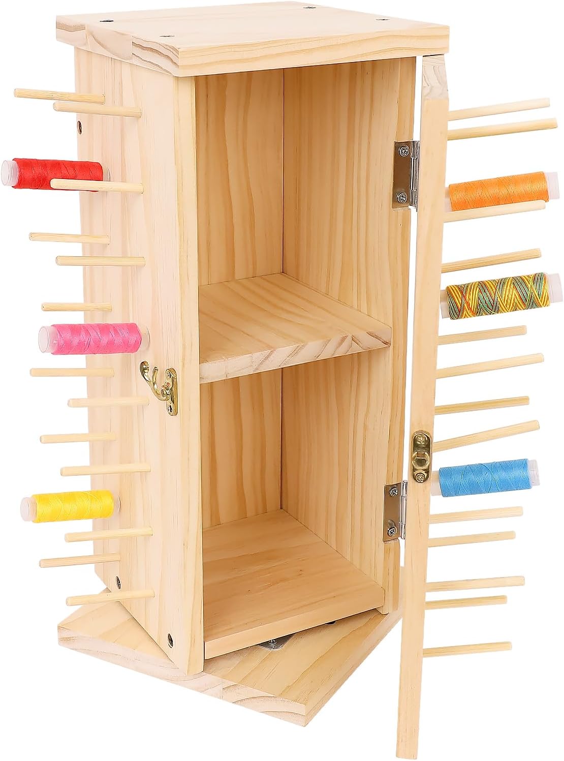 Hafeehafi Premium 360° Rotating Wooden Thread Storage Organizer with Internal Storage Cabinet, Holds 64 Spools, Freestanding Sewing & Embroidery Spool Rack