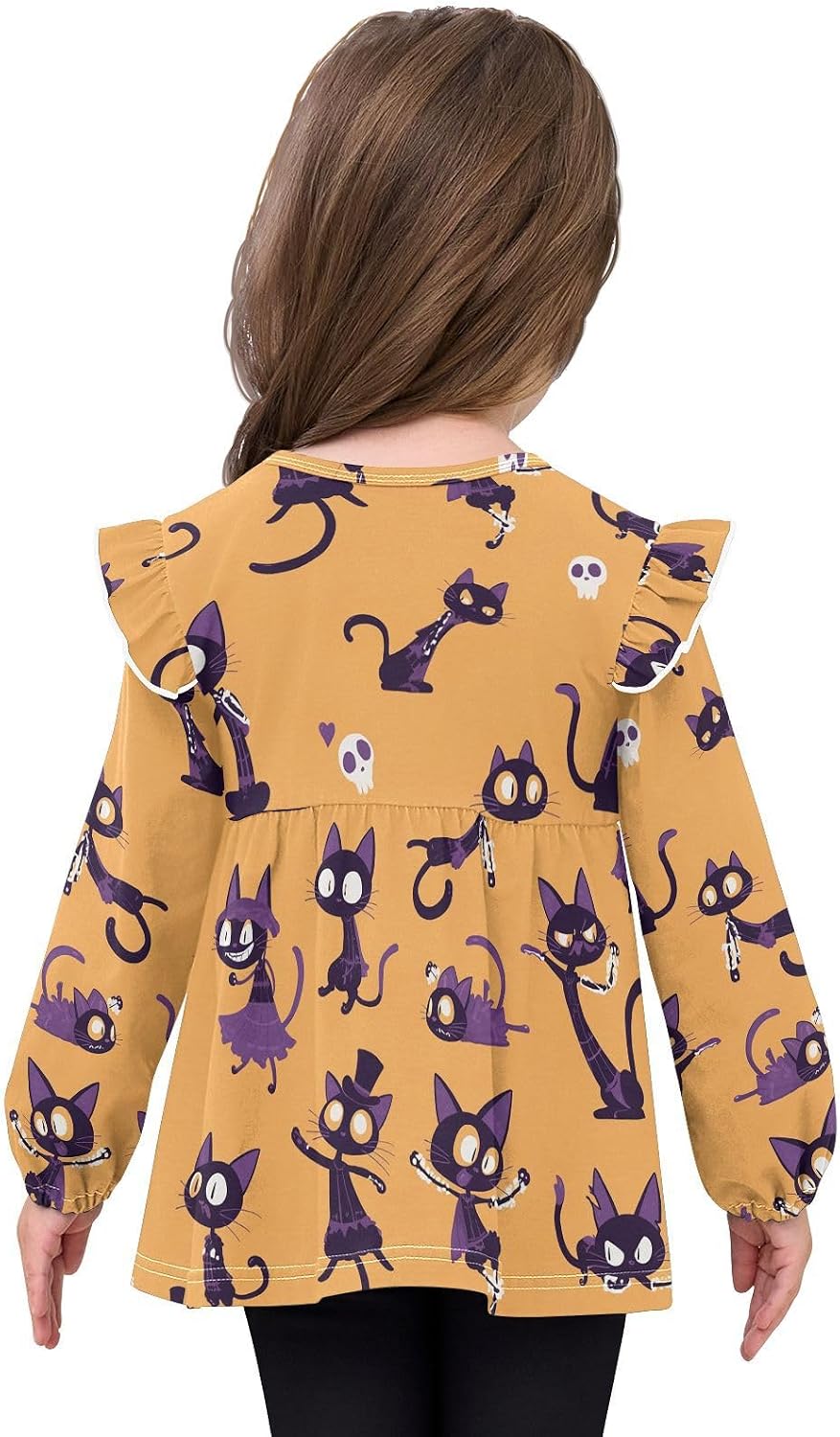 visesunny Toddler Clothes for Girls Orange Halloween Cat Long Sleeve Fall Shirts Cotton Top with Ruffle Collar