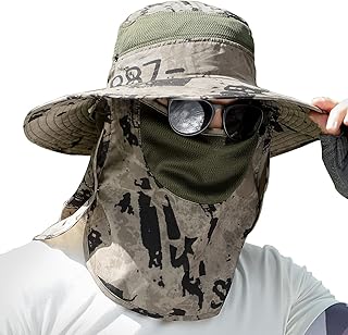 UPF 50+ Sun Fishing Hat for Men Women Wide Brim Hat with Detachable Face Cover & Neck Flap