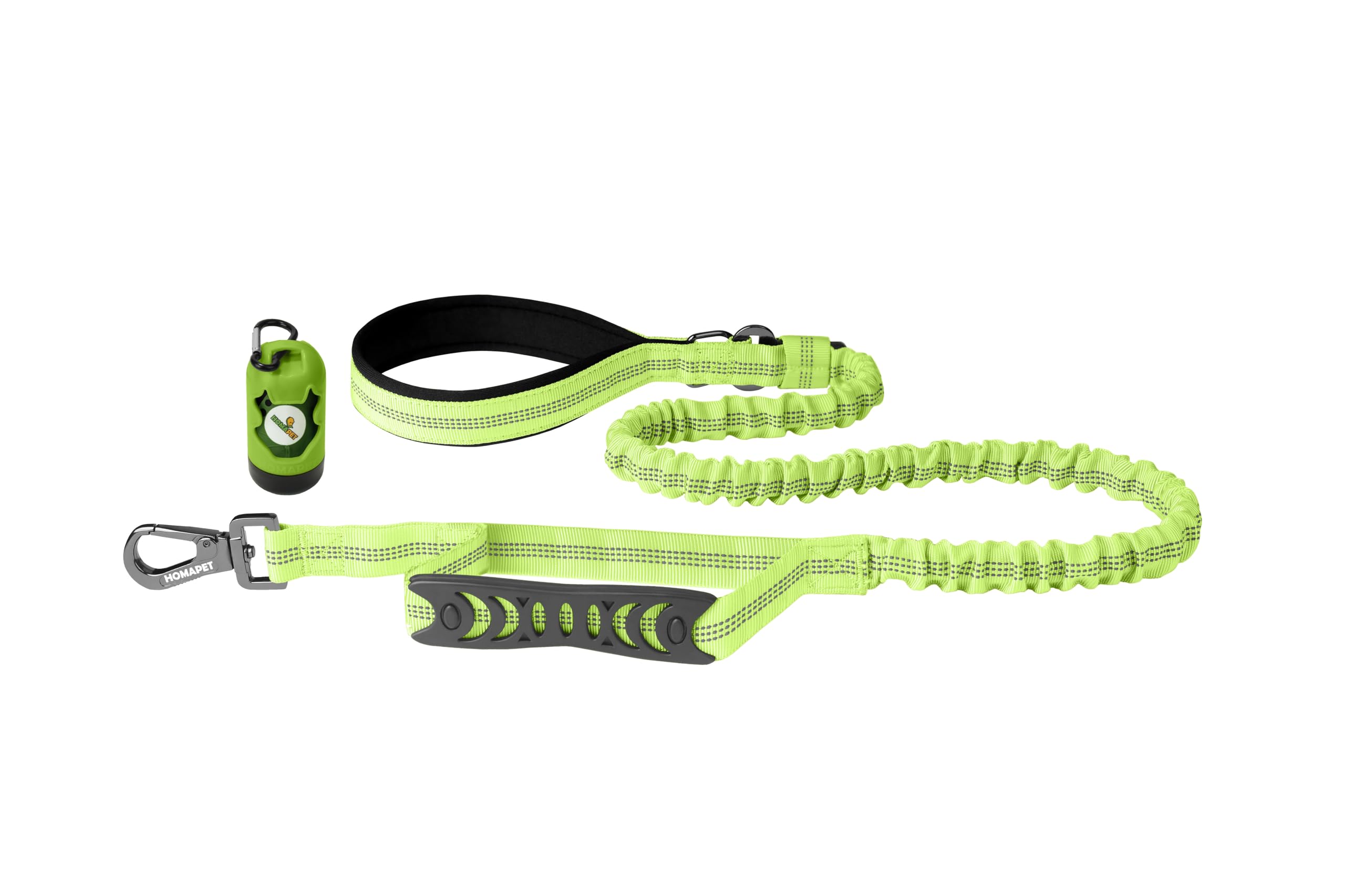 Homapet. Heavy Duty Bungee Dog Leash with Shock Absorption Traffic Handle, car Seat Belt with Poop Bag Dispenser 4 ft to 6 ft (F. S Green)