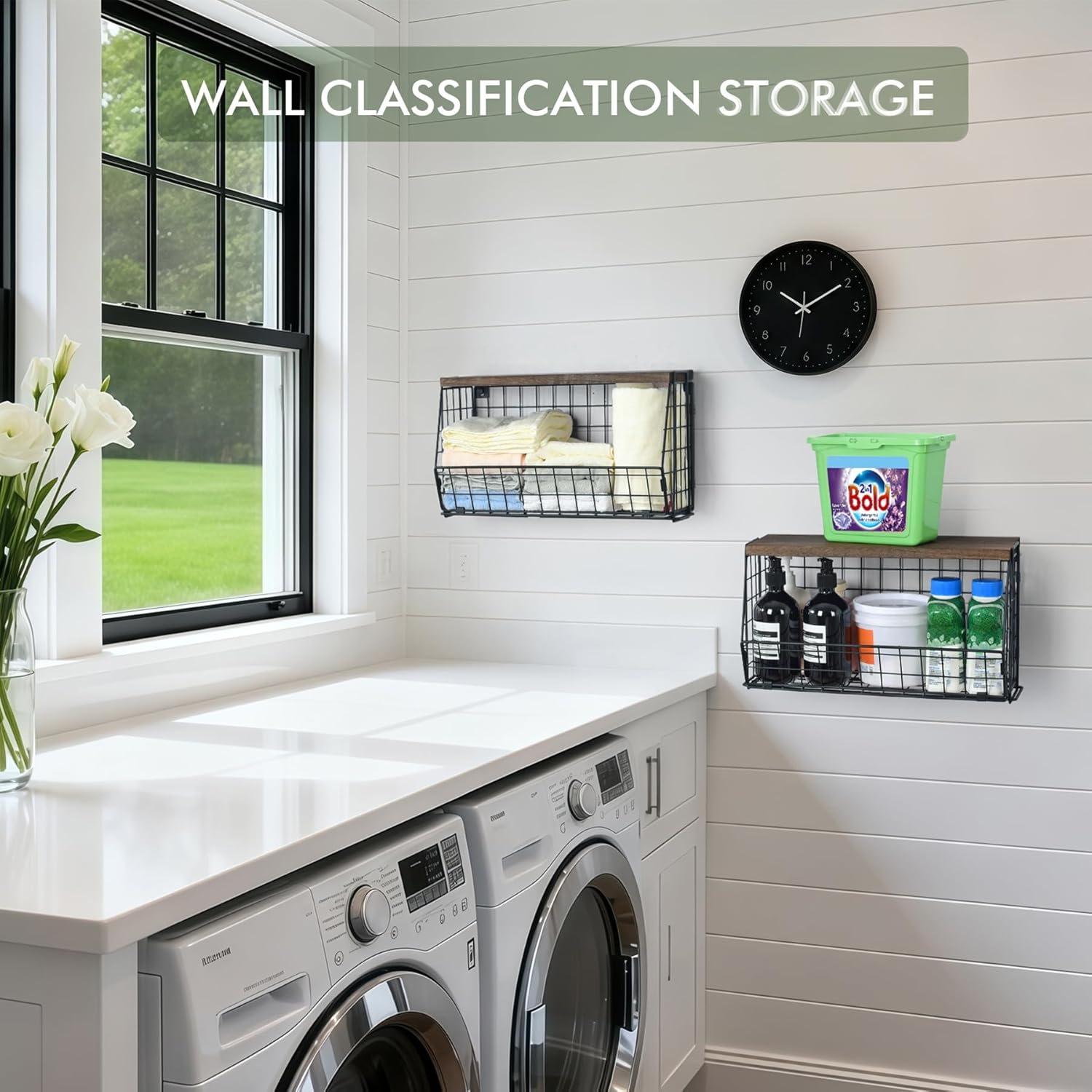 Wall Storage Hanging Baskets 2 PACK - Wooden Top Wire Basket Organizers & S Hooks - Assemble Floating Shelf Racks for Pantry Kitchen Office Bathroom Garage Organization (Extra Large)